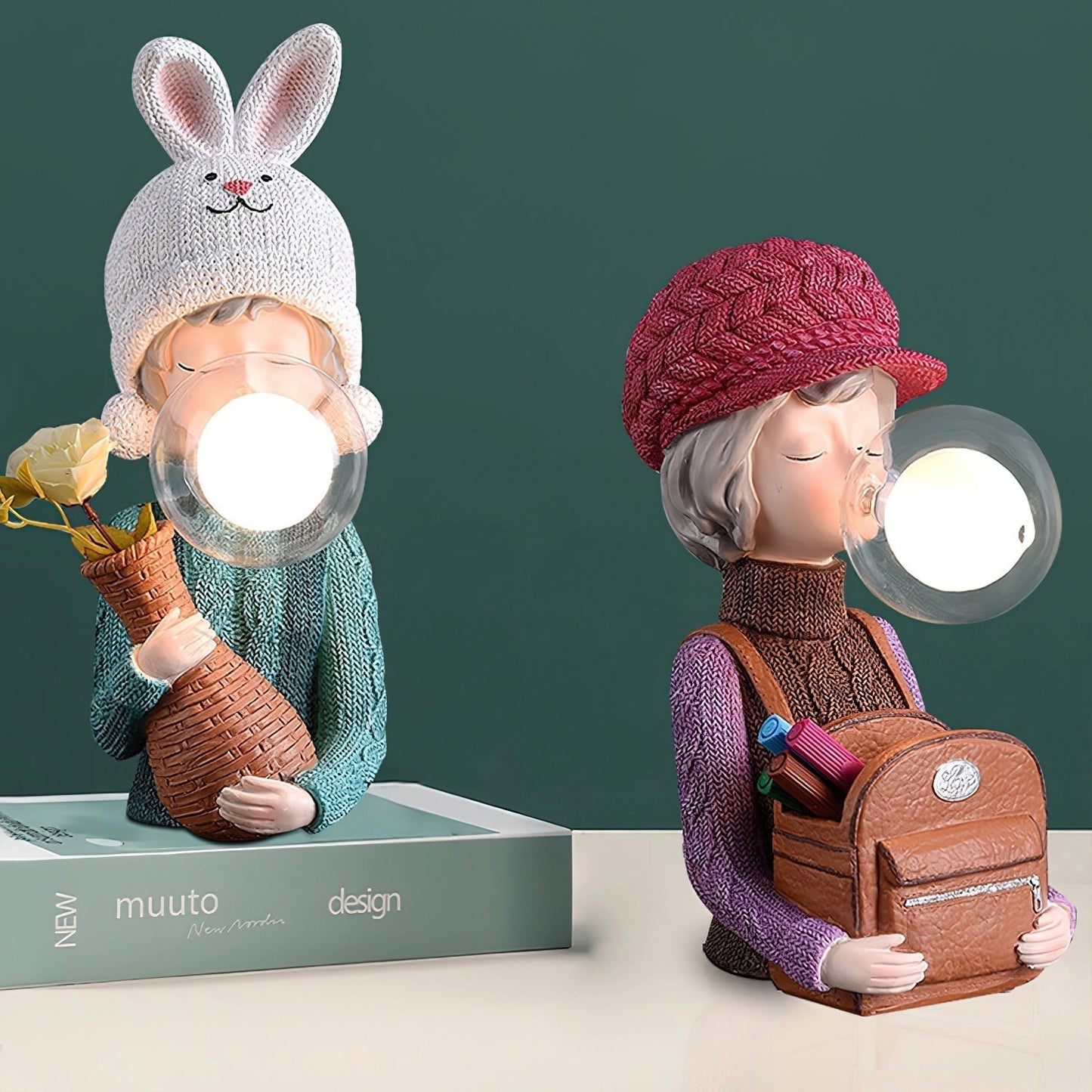 Resin table lamp featuring an elegant rabbit girl adorned with a dual glass lampshade, styled with a whimsical costume hat and intricate figurine details.