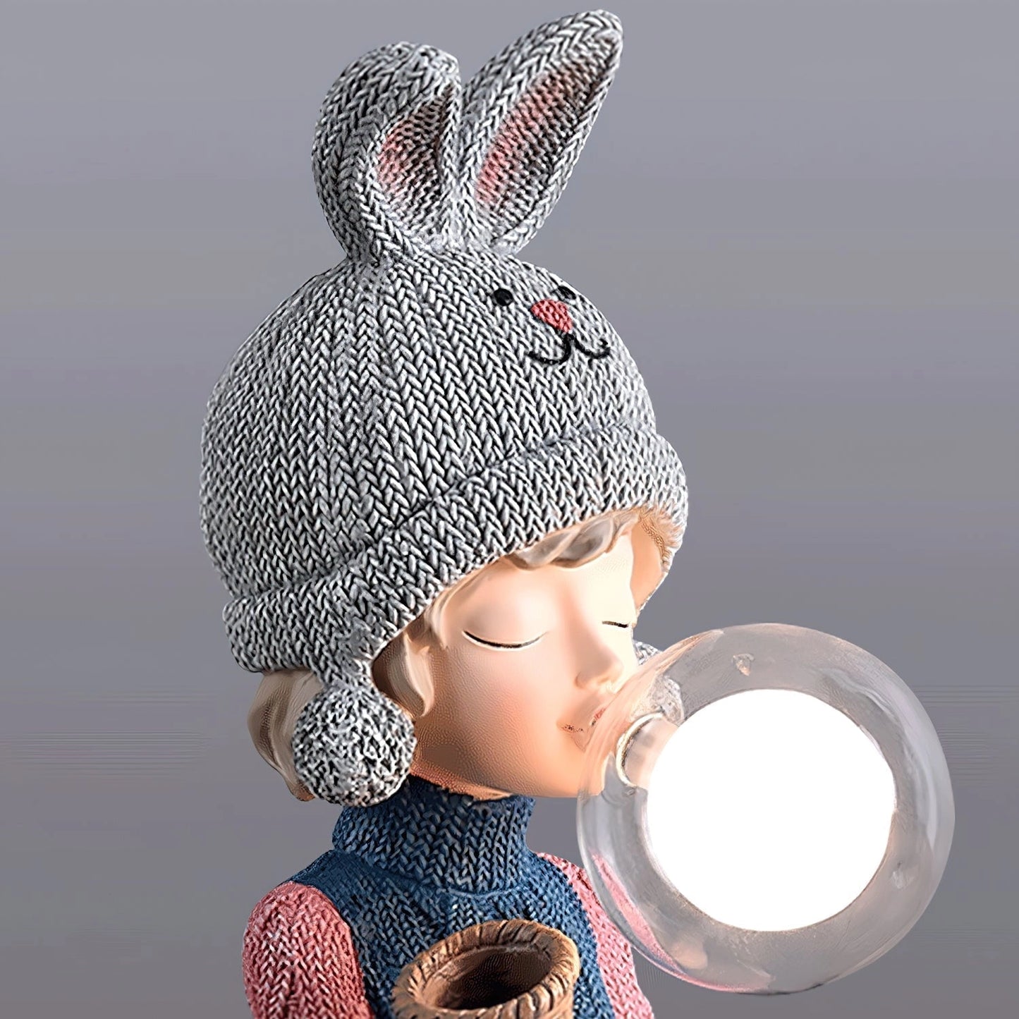 Resin table lamp featuring an elegant rabbit girl design with dual glass lampshades, detailed headgear, and delicate eyelashes.