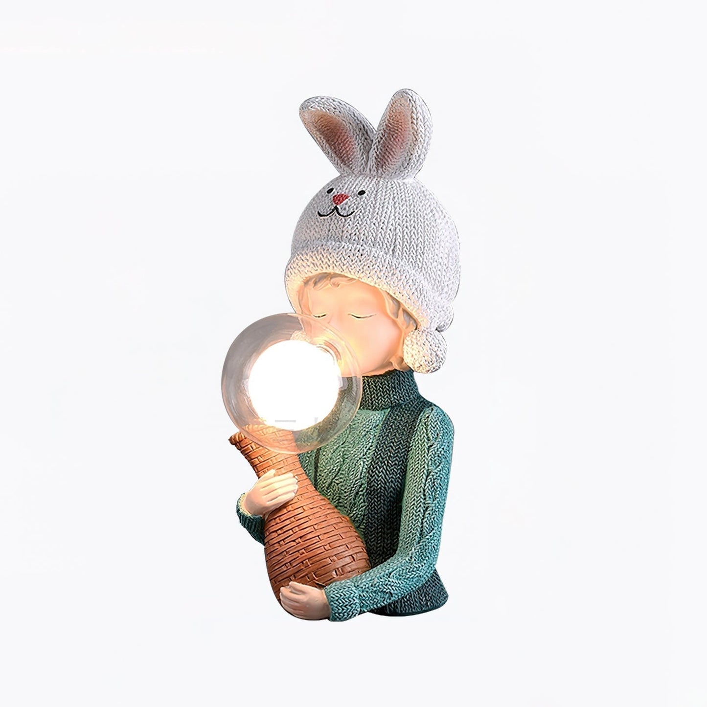 Resin table lamp featuring a sculpted rabbit girl in a costume hat with dual glass lampshades, detailed art and wood elements.