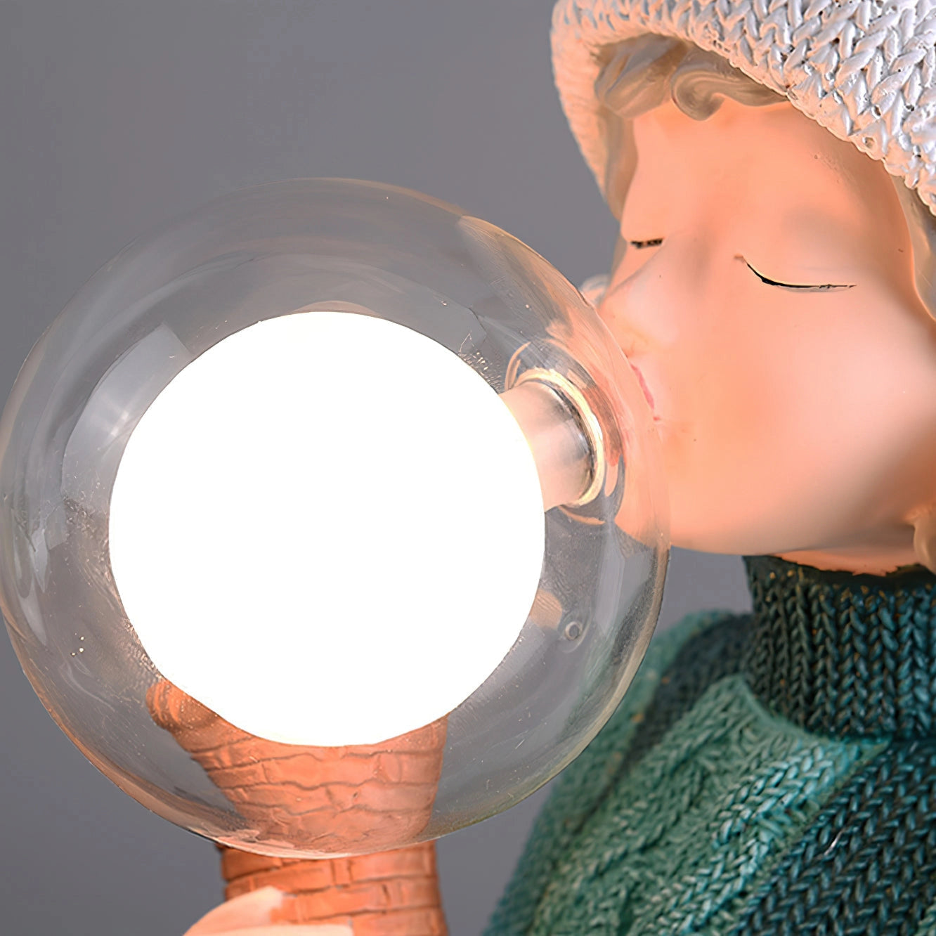 Resin table lamp featuring a rabbit girl sculpture holding dual glass lampshades, elegantly detailed with eyelashes and human-like features.