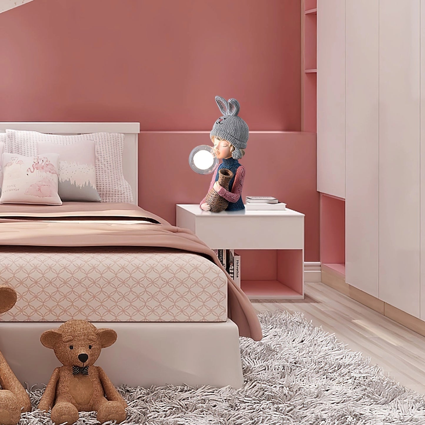 Resin table lamp featuring an elegant rabbit girl with a dual glass lampshade, placed on a wooden drawer in a cozy interior setting with a window in the background.