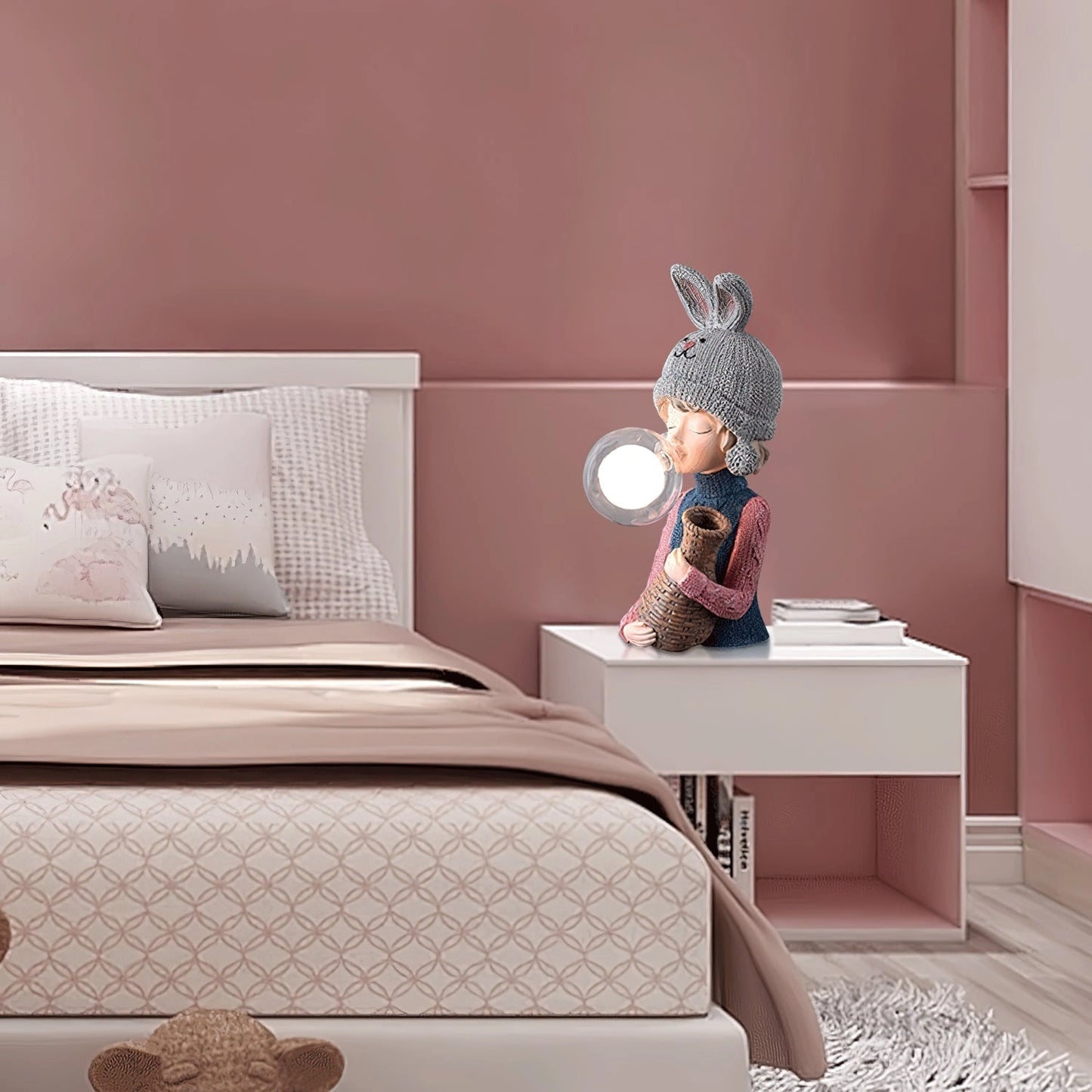 Resin table lamp featuring an elegant rabbit girl design with a dual glass lampshade, placed on a wooden nightstand in a cozy, stylish bedroom interior with grey textiles and pillows.