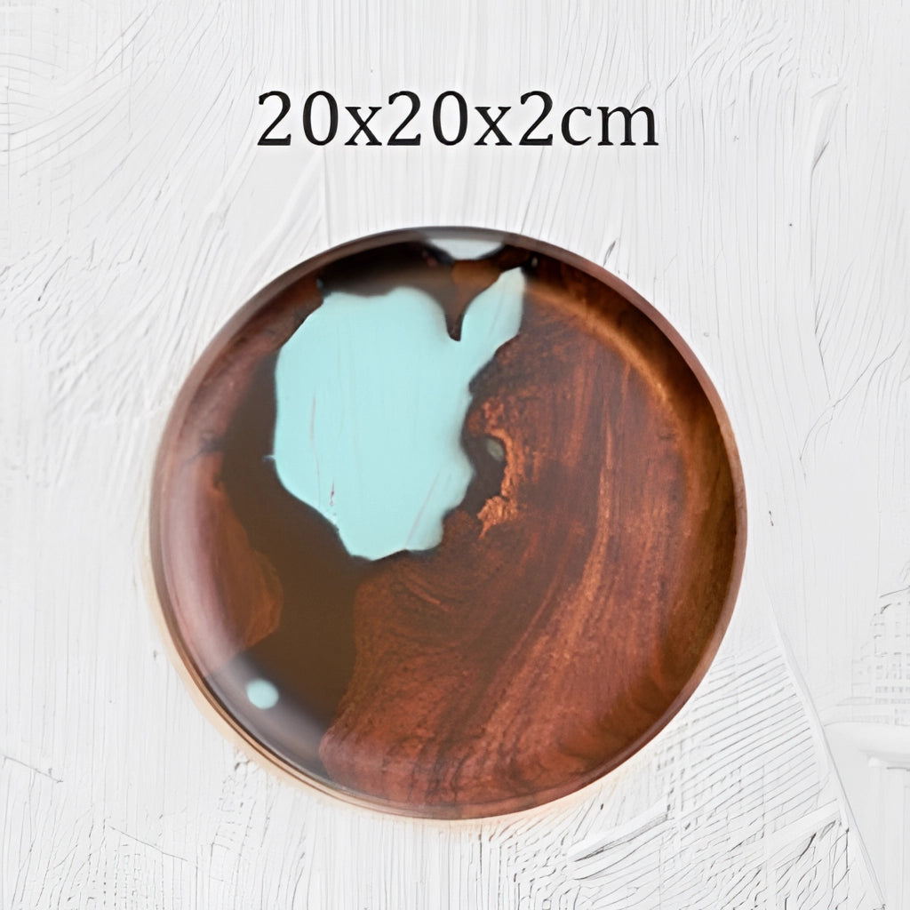 Handcrafted resin wood tray with a circular design, measuring 20cm in diameter and 2cm in height, featuring a brown stained hardwood base and a smooth epoxy resin finish.