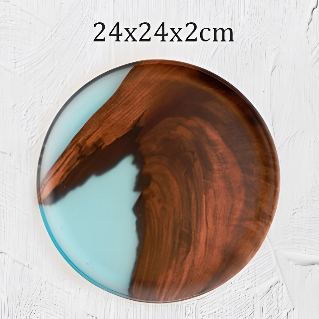 Handcrafted Resin Wood Tray, Epoxy Resin Plate, 24cm x 2cm, rectangular with intricate designs, natural wood grain and glossy resin finish.