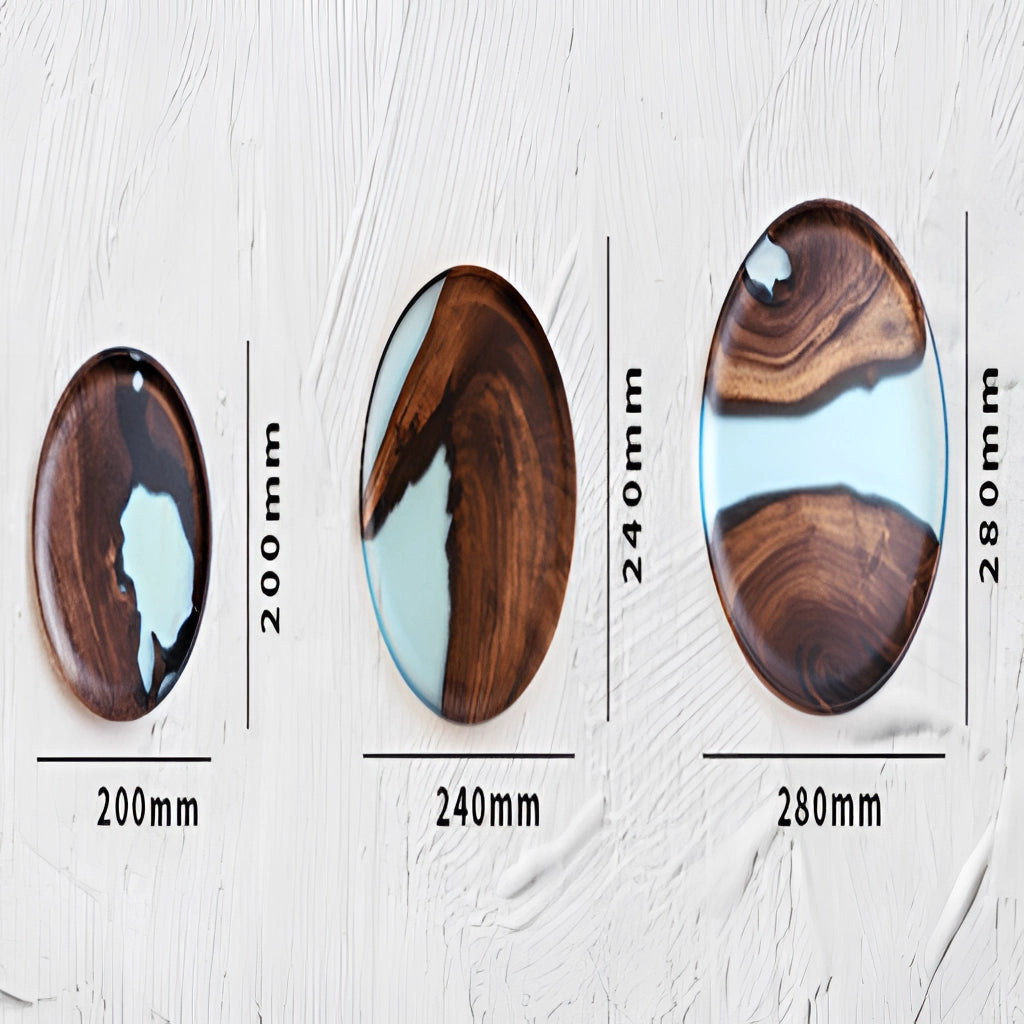 Handcrafted resin wood tray with a circular design, featuring a rich brown wood finish and detailed epoxy resin inlay.