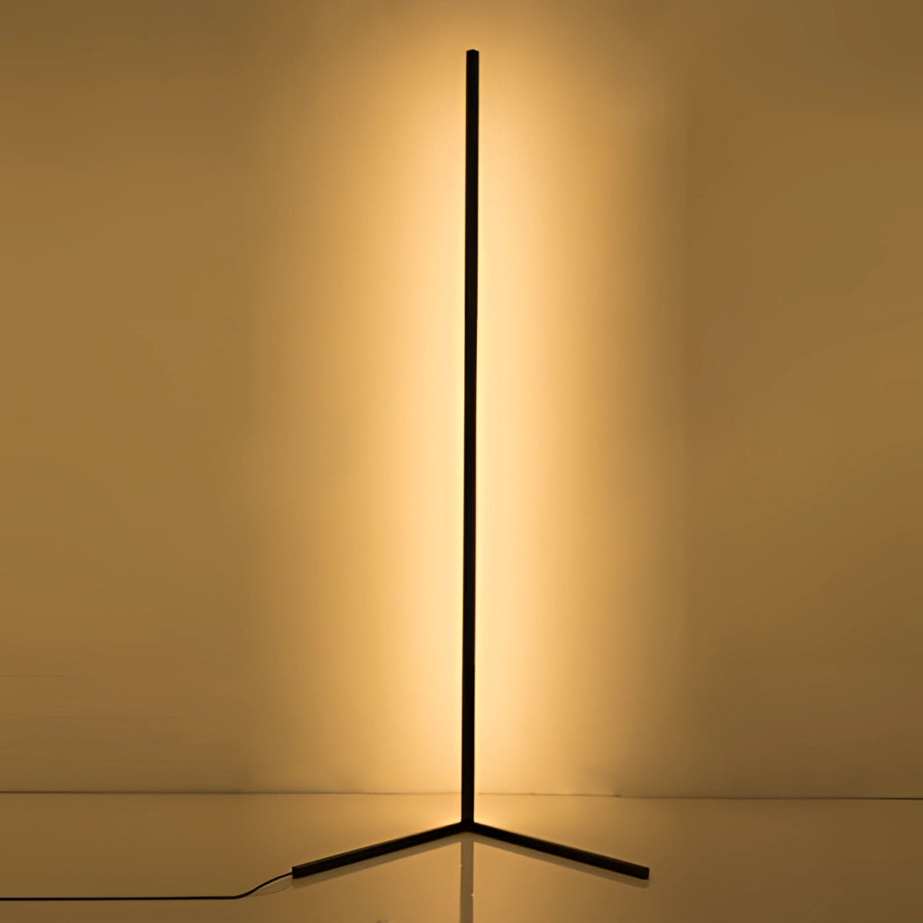 RGB Corner Floor Lamp with LED Light and Remote Control, featuring a sleek rectangular design, illuminated in amber shades, standing on a gold-finished base, placed in a modern room setting.