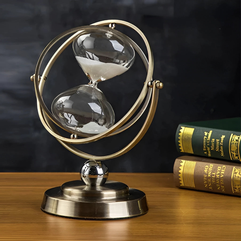 Rotating Globe Hourglass Timer with elegant metal and glass design, 30-minute duration, dimensions 24x16x28 cm.
