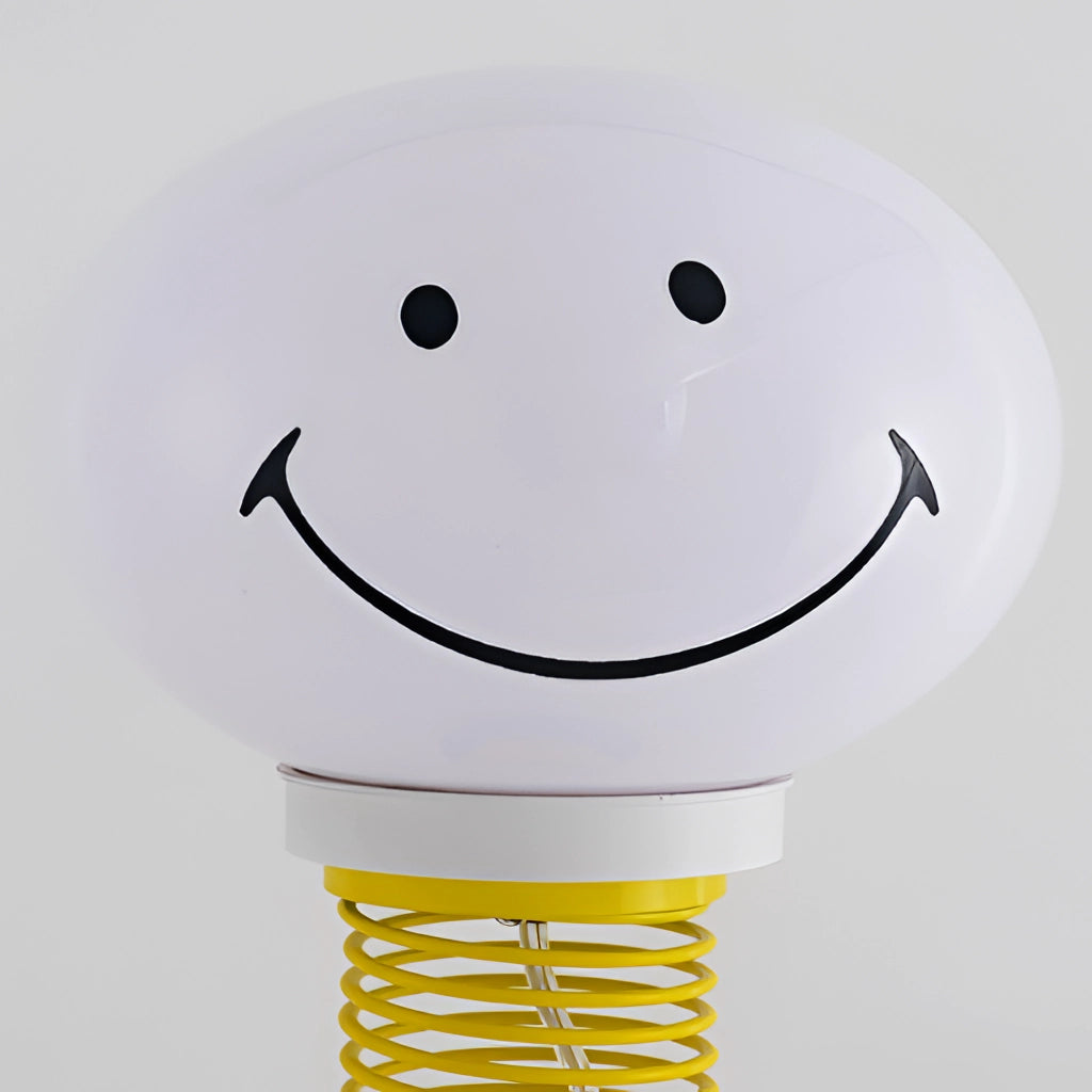 Yellow and blue smiley face design floor lamp made from metal, iron, acrylic, and glass with LED bulb for bedroom lighting, 110V US plug.