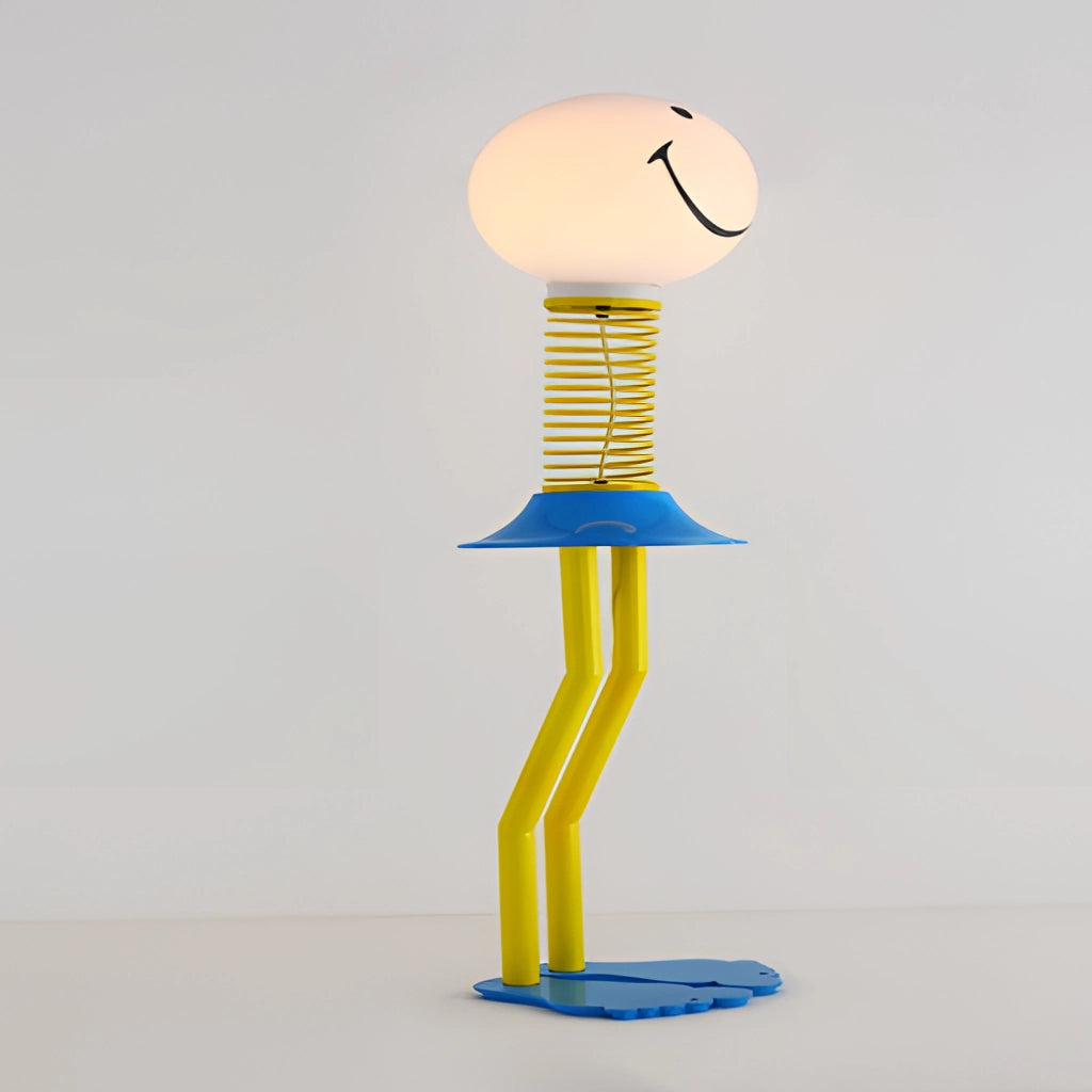 Smiley Face Design Floor Lamp with yellow, blue, and white colors, featuring metal iron and acrylic glass components, LED bulb, and US plug, ideal for bedroom lighting.