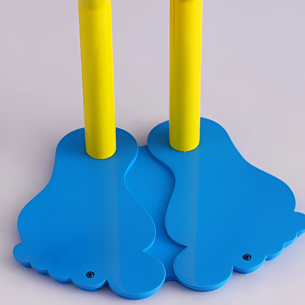 Yellow, blue, and white smiley face design floor lamp made of metal, iron, acrylic, and glass with LED bulb and 110V US plug, suitable for bedroom lighting.