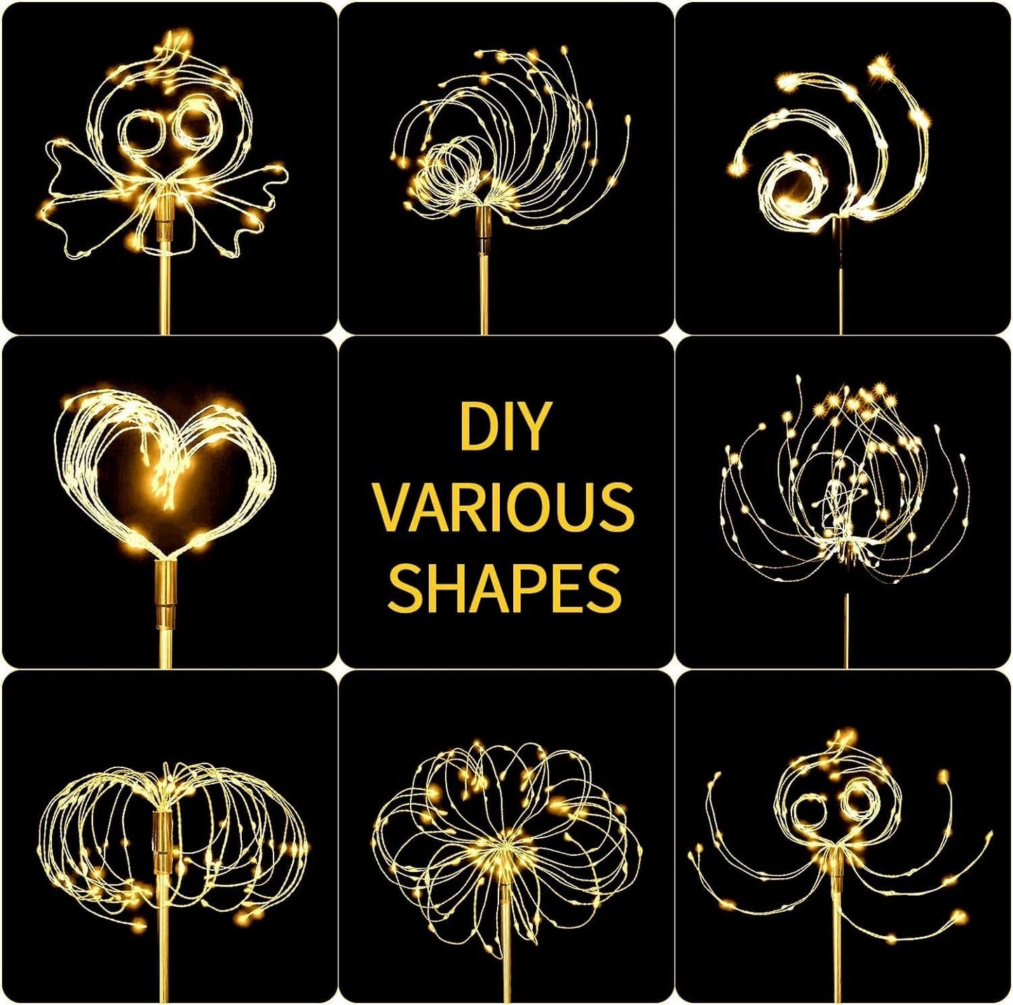 Solar Firework LED String Lights, dual lighting modes, outdoor waterproof, 2 pack illuminated in gold and yellow with symmetrical, circular patterns.