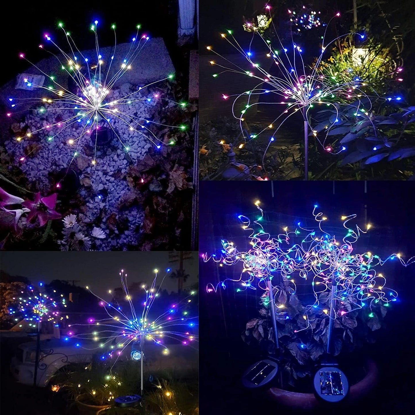 Solar Firework LED String Lights in RGB, Dual Lighting Modes, Outdoor Waterproof, Pack of 2, showcasing colorful lights resembling fireworks against a dark background.