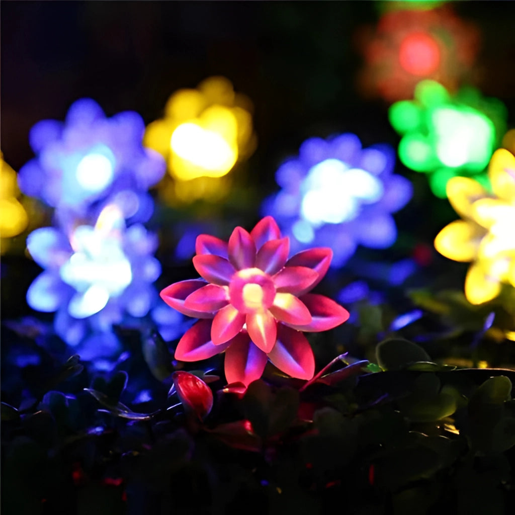 Colorful Lotus-shaped Solar Flower Garden LED Light Strips illuminating a garden at dusk.