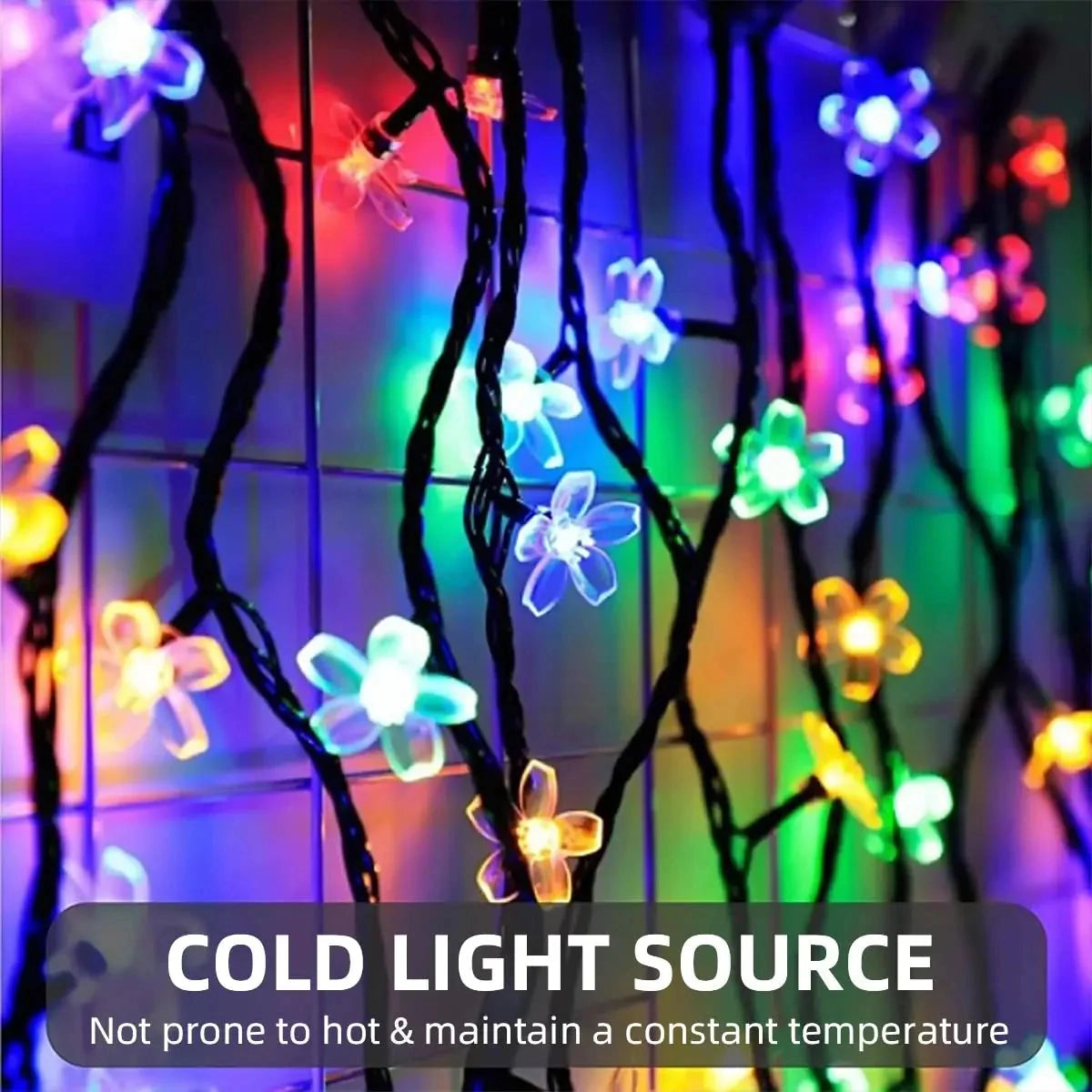 Solar Flower String Lights - Crystal Peach Blossom, IP65 Waterproof Outdoor LED in RGB/Warm White/Cold White, illuminating a garden area with vibrant, multi-colored lights resembling peach blossoms.