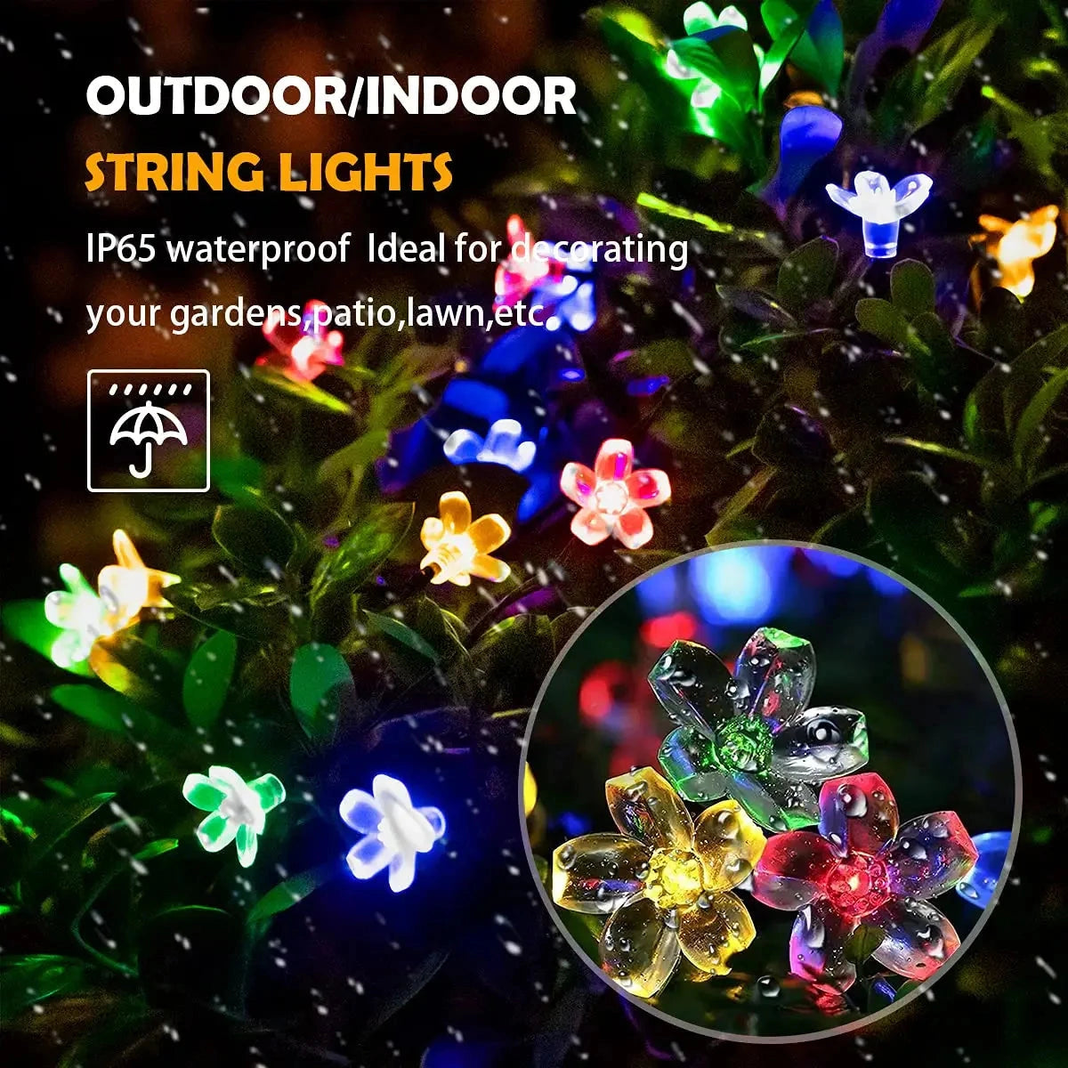 Solar Flower String Lights - Crystal Peach Blossom with glowing RGB/Warm White/Cold White LED lights, arranged in a string, displayed outdoors, illuminating plants and garden area.