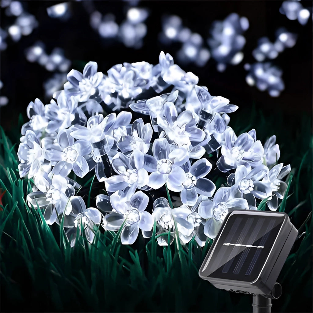 Cold White Solar Flower String Lights with 100 LED Crystal Peach Blossom on 39ft string, IP65 waterproof for outdoor use, illuminating a window with delicate flower petals.