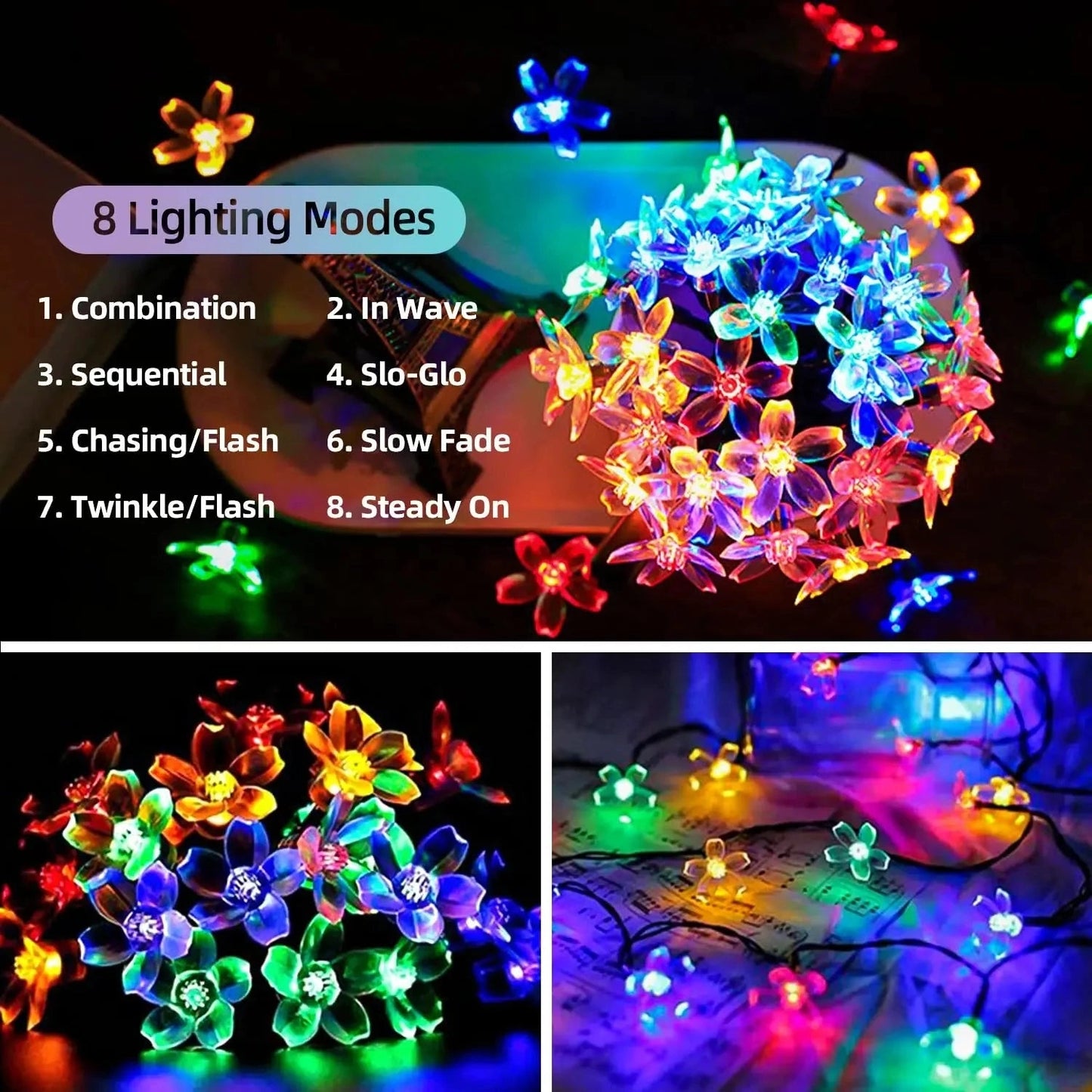 Solar Flower String Lights featuring Crystal Peach Blossom design, IP65 waterproof outdoor LED with RGB, warm white, and cold white lighting.