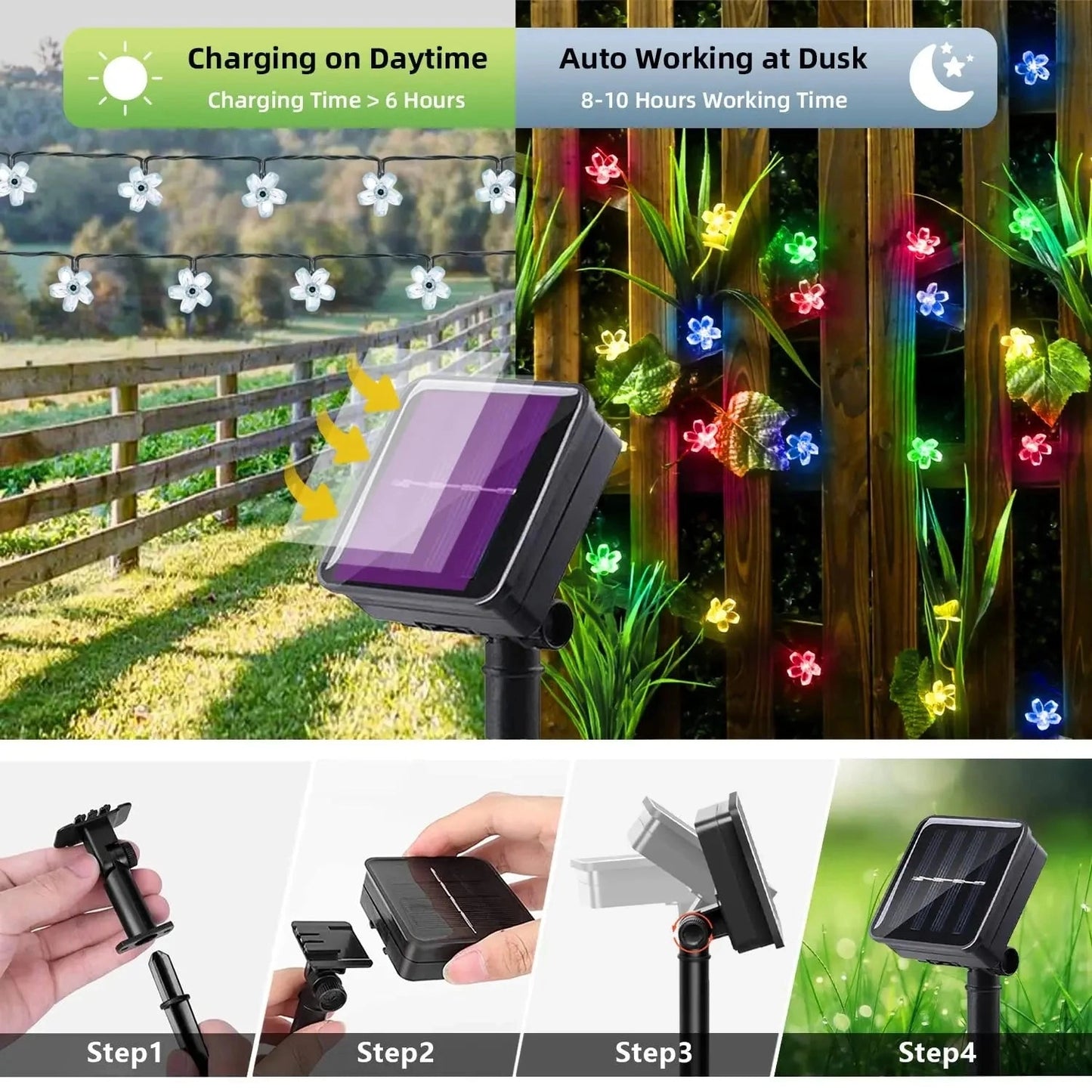 Solar Flower String Lights with Crystal Peach Blossom design, IP65 Waterproof, displayed outdoors in a garden setting surrounded by green plants and grass.
