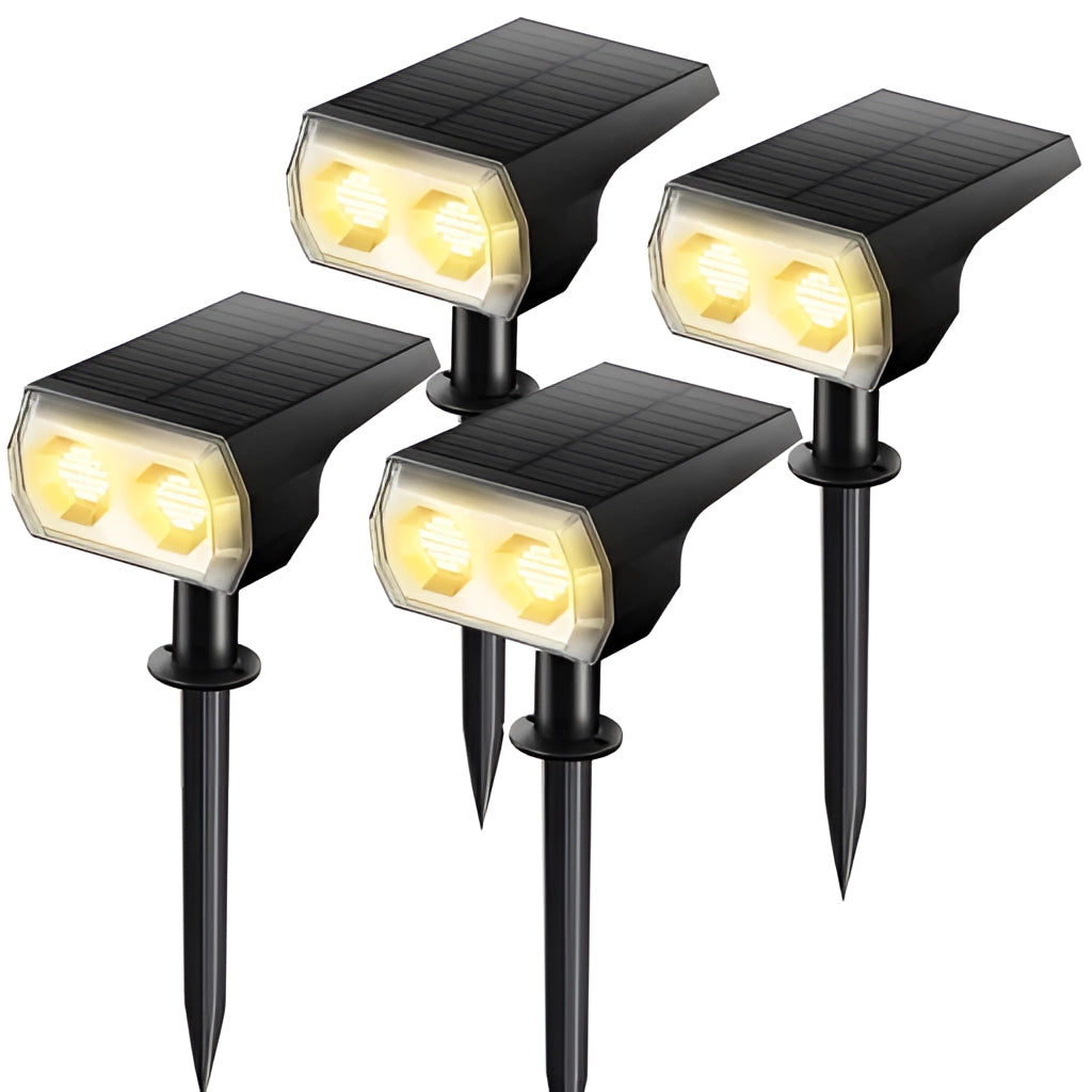 Warm white solar landscape spotlights, IP65 waterproof, set of 4, long battery life, outdoor lights.