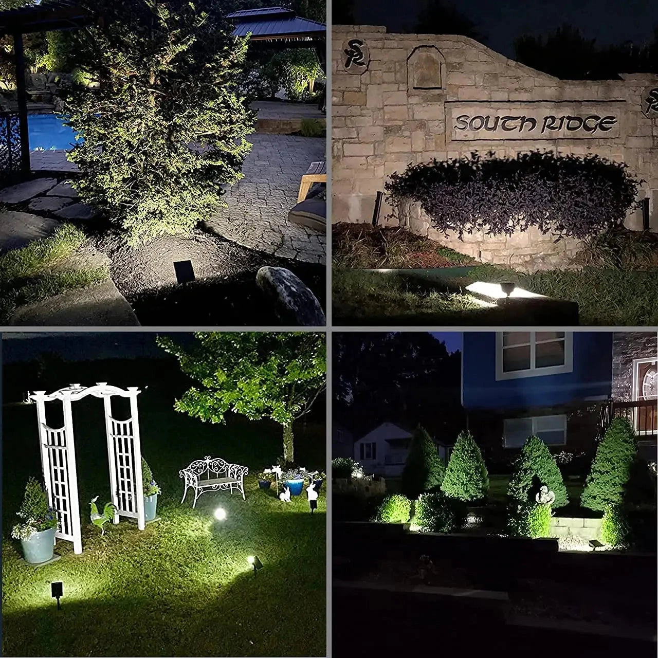 Solar landscape spotlights illuminating a garden with plants and grass, showcasing their waterproof and RGB/white lighting features.