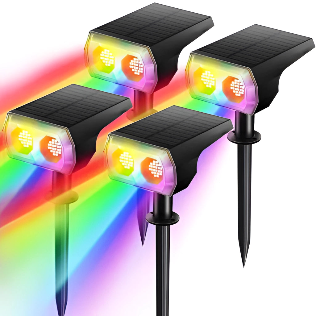 Set of 4 RGB solar landscape spotlights with IP65 waterproof rating, showcasing vibrant colors; designed for outdoor use with long battery life.