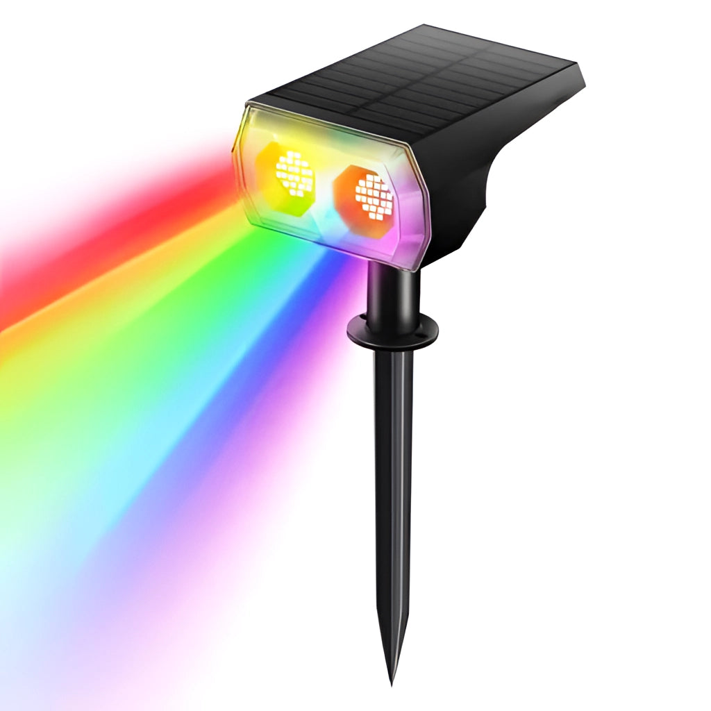 Colorful RGB Solar Landscape Spotlight with IP65 Waterproof Rating and Long Battery Life in Outdoor Setting