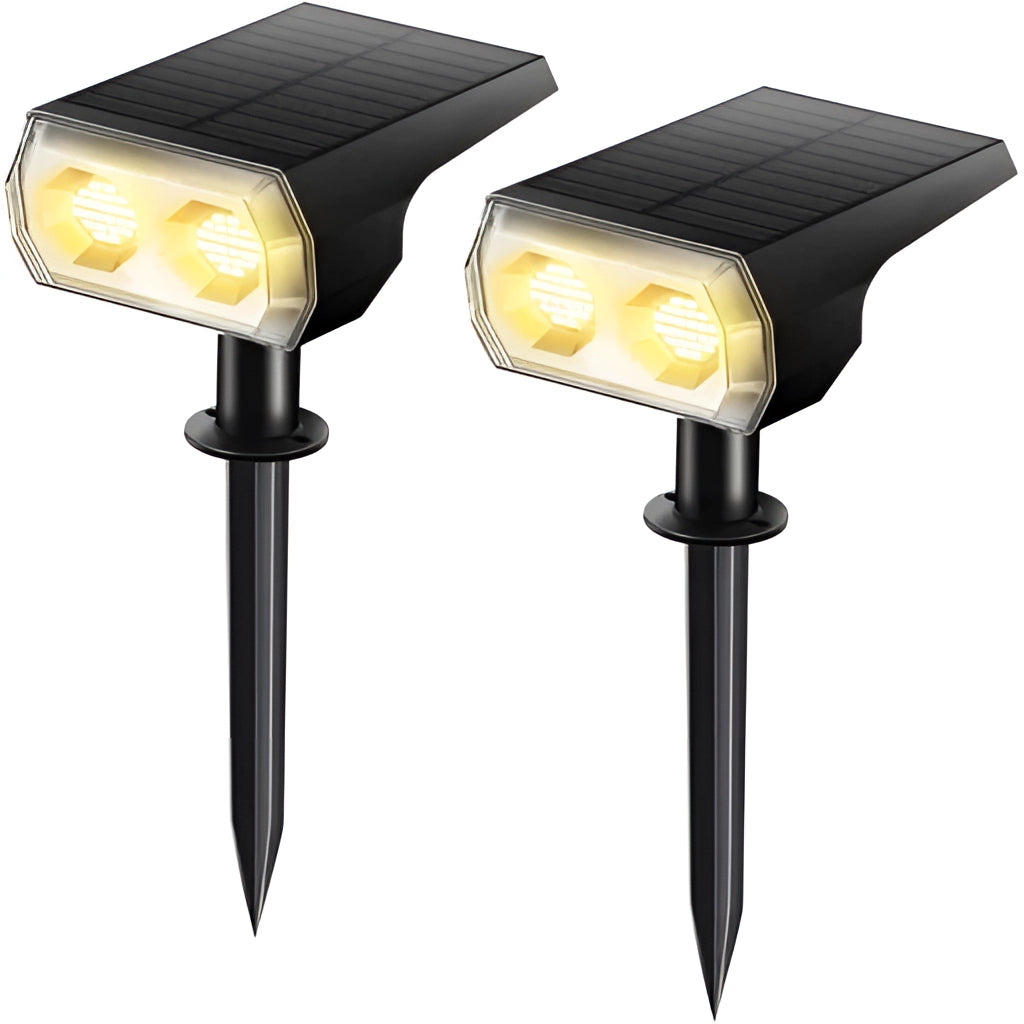 Solar landscape spotlights in warm white, featuring two pieces, IP65 waterproof rating, long battery life, and suitable for outdoor use.