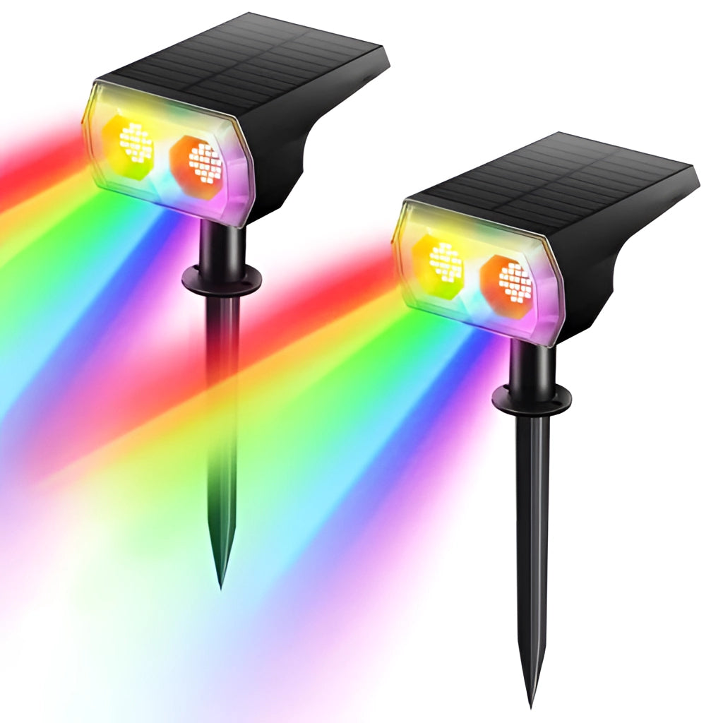 Solar Landscape Spotlights - 2 Pieces, RGB Color Mode, IP65 Waterproof, Long Battery Life, Outdoor Use, Illuminated in Various Colors