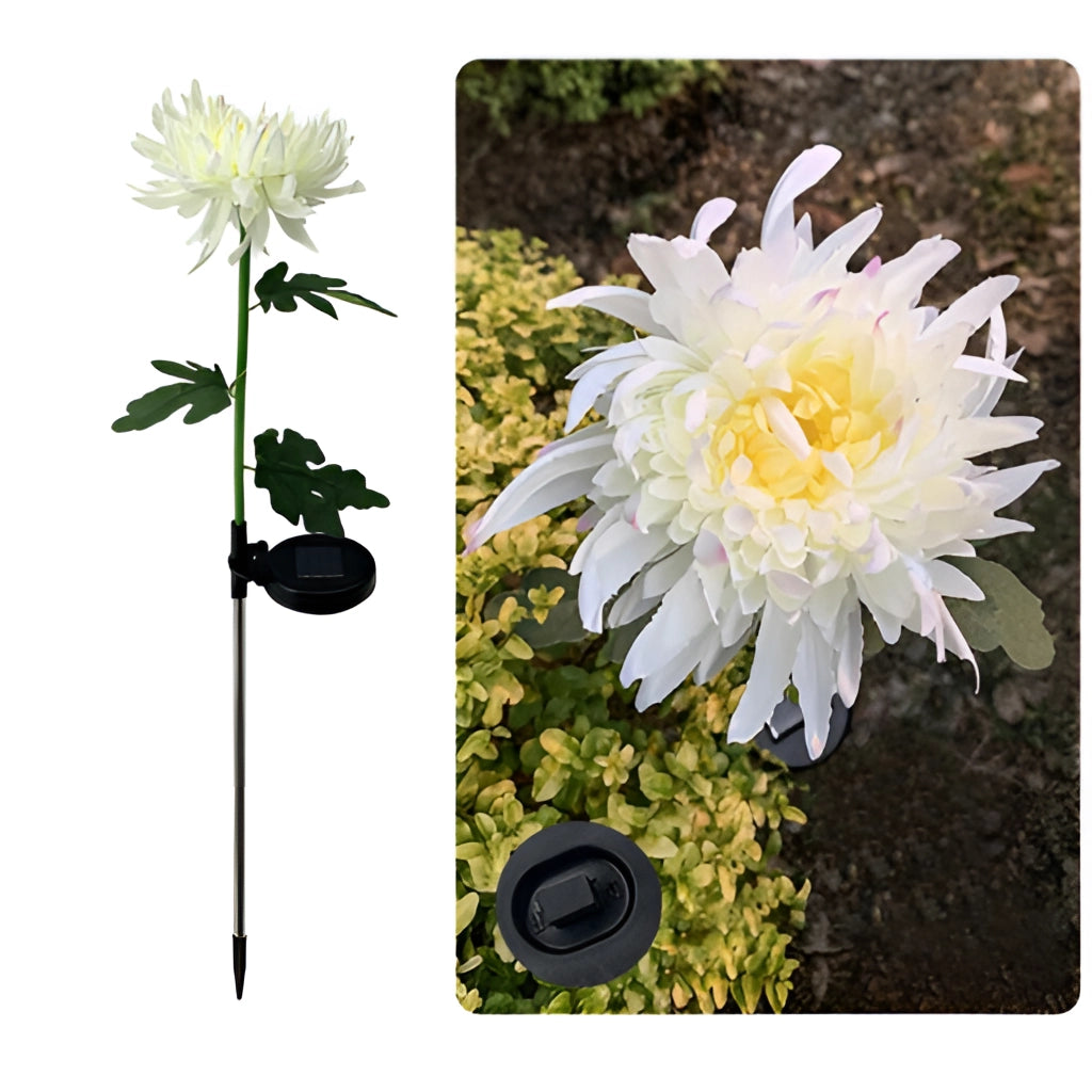 Solar LED Crown Imperial Flower Lights illuminating a garden with vibrant flowers and lush green plants.
