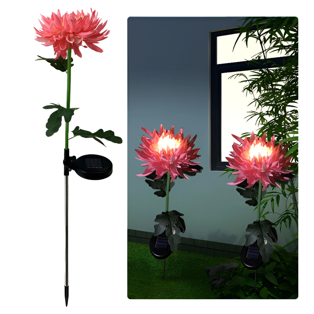 Solar LED Crown Imperial Flower Lights illuminating a beautiful garden with vibrant flower petals and lush green plants.