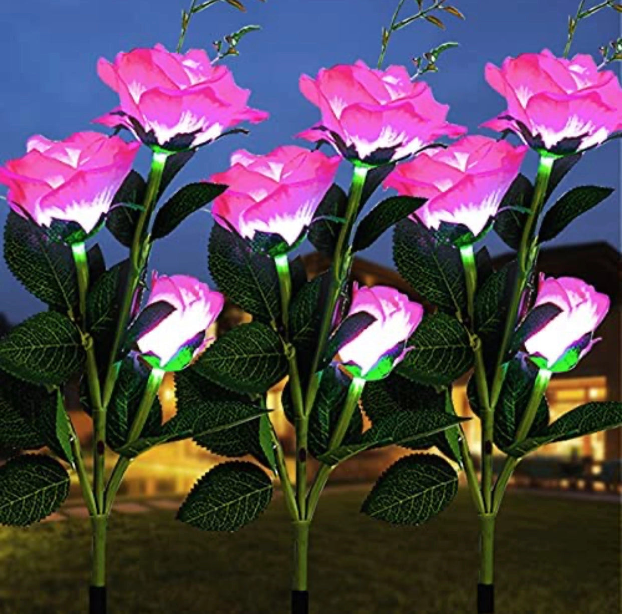 Twin pack of pink solar LED rose lights for garden nightlight decor, featuring detailed petals and vibrant flower design.