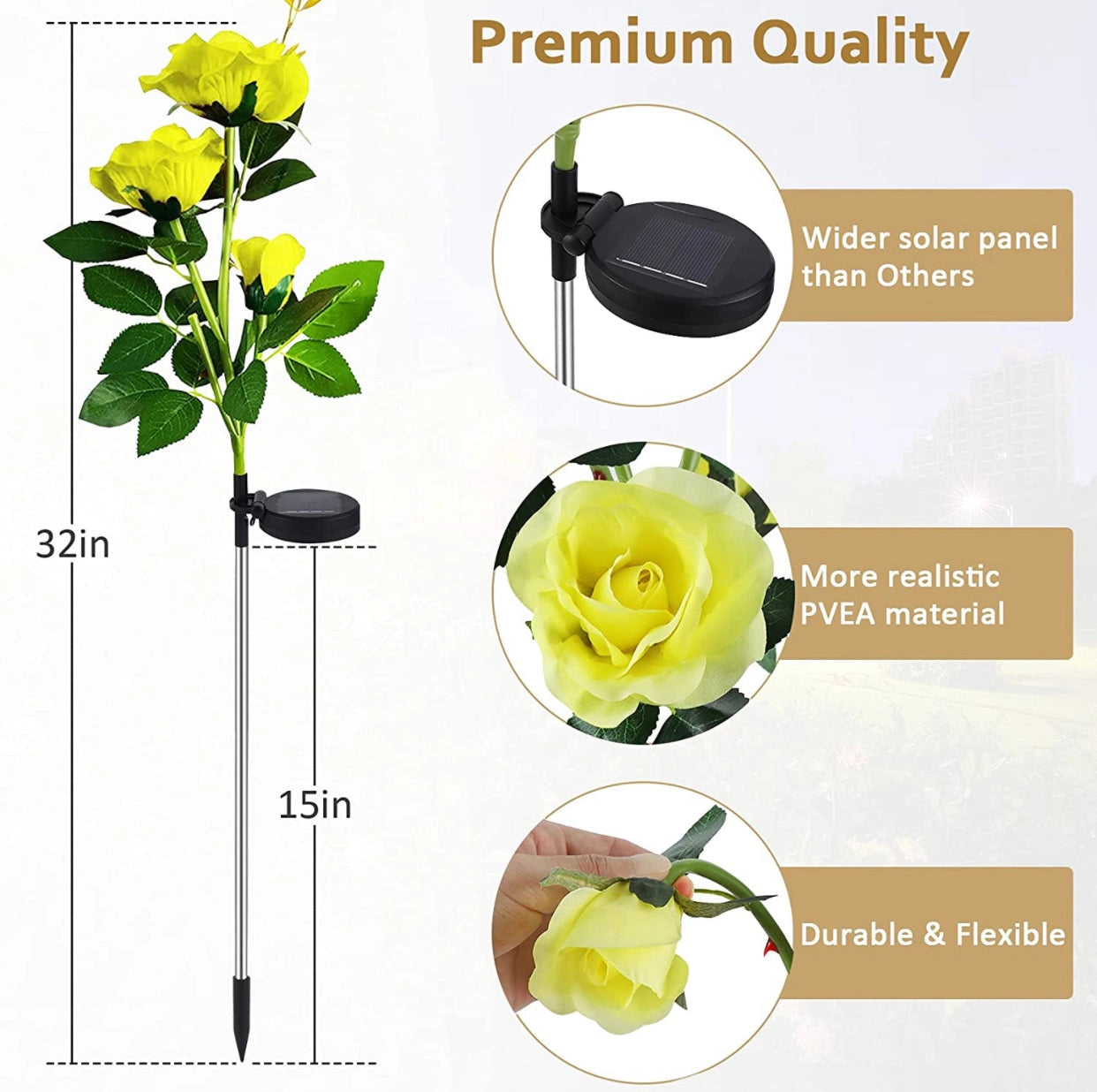 Solar LED Rose Lights Twin Pack illuminating white roses in a garden setting at night