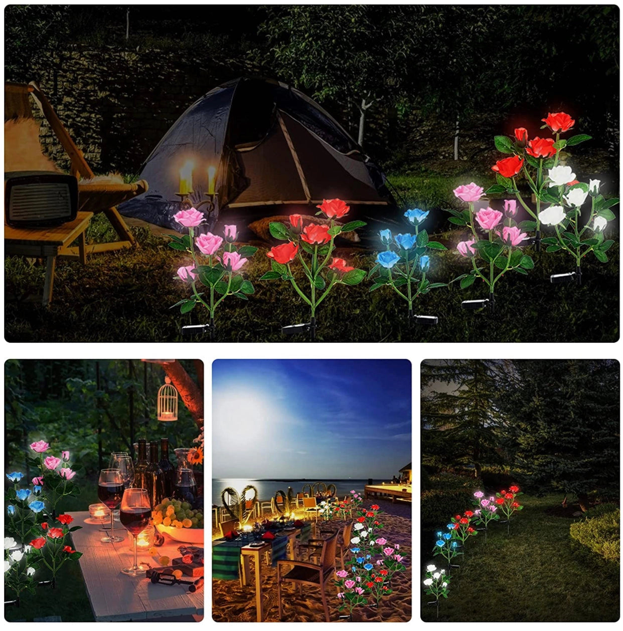 White solar LED rose lights in a garden setting, illuminating the night with a soft glow, surrounded by leaves and other plants.