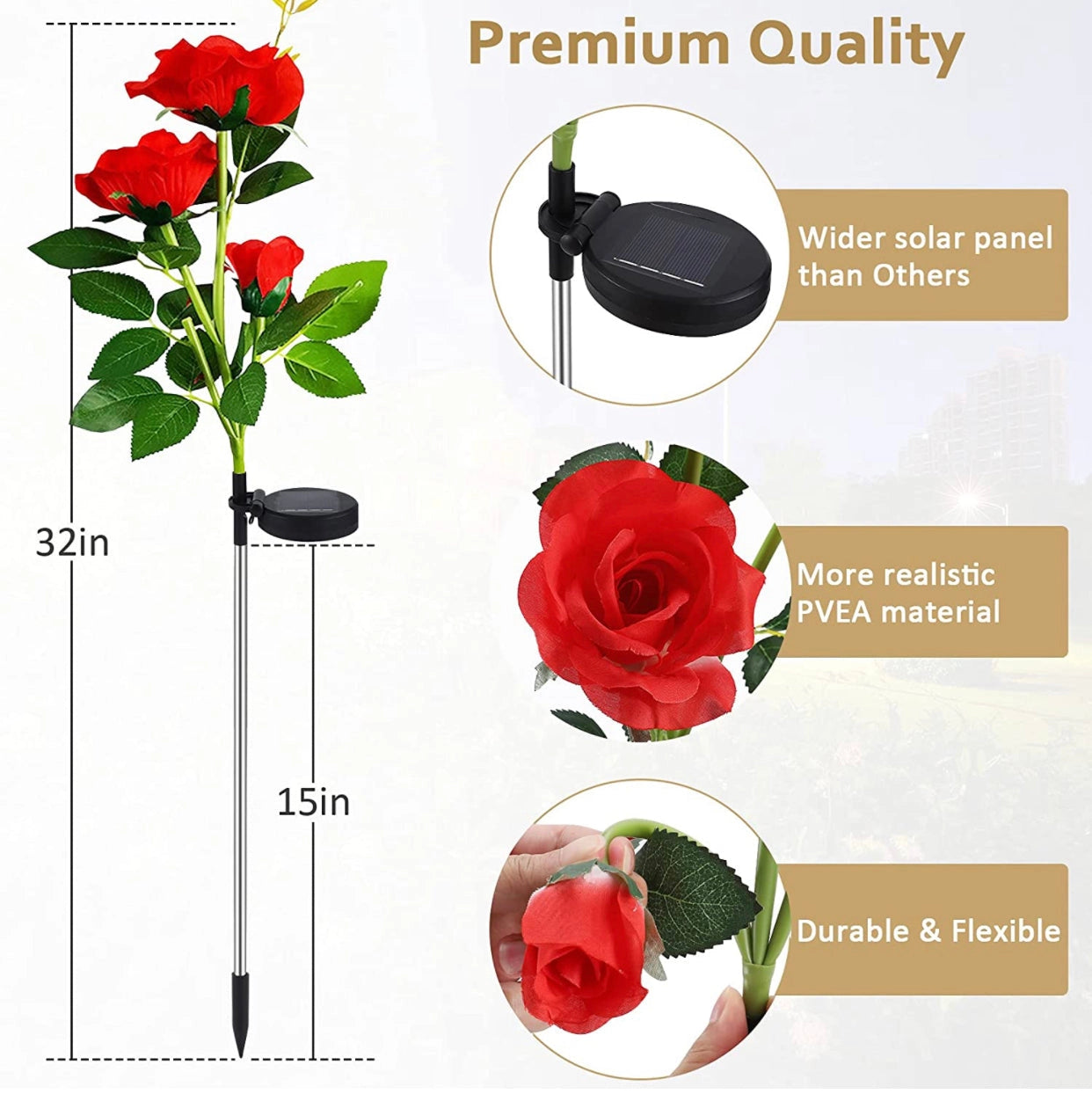 White Solar LED Rose Lights Twin Pack illuminating garden at night with realistic rose petals and vibrant green leaves.