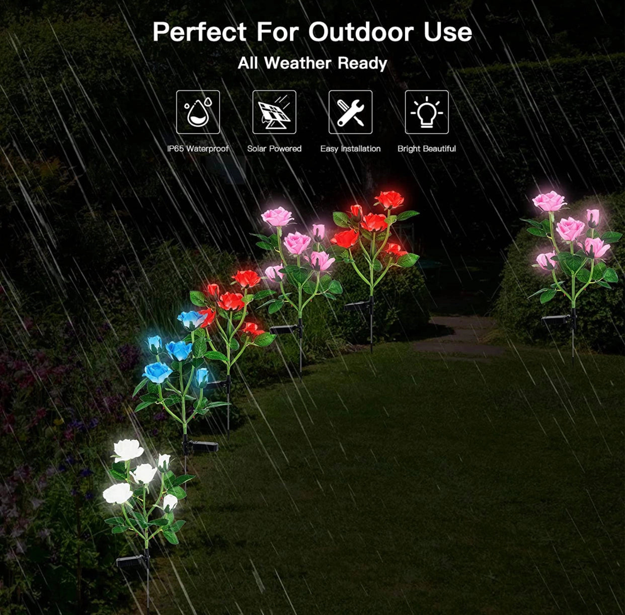 Solar LED Rose Lights Twin Pack - White nightlight garden decor featuring realistic rose flowers with petals, ideal for outdoor garden decoration.