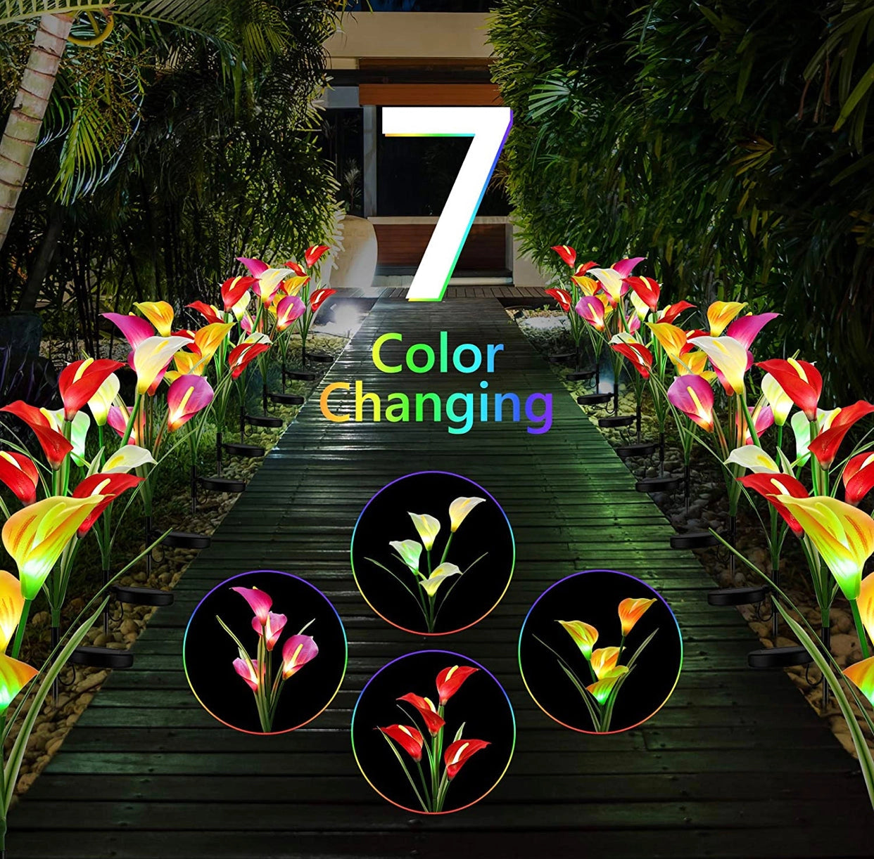 A set of four solar lily garden lights with multi-color LEDs installed among grass, illuminating a garden with vibrant colors at night.