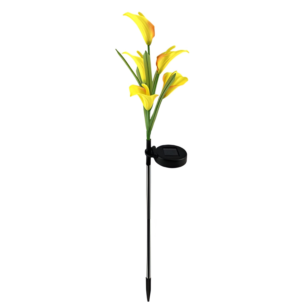 Set of 4 Solar Lily Garden Lights with Multi-color LEDs displayed among flowers and plants.