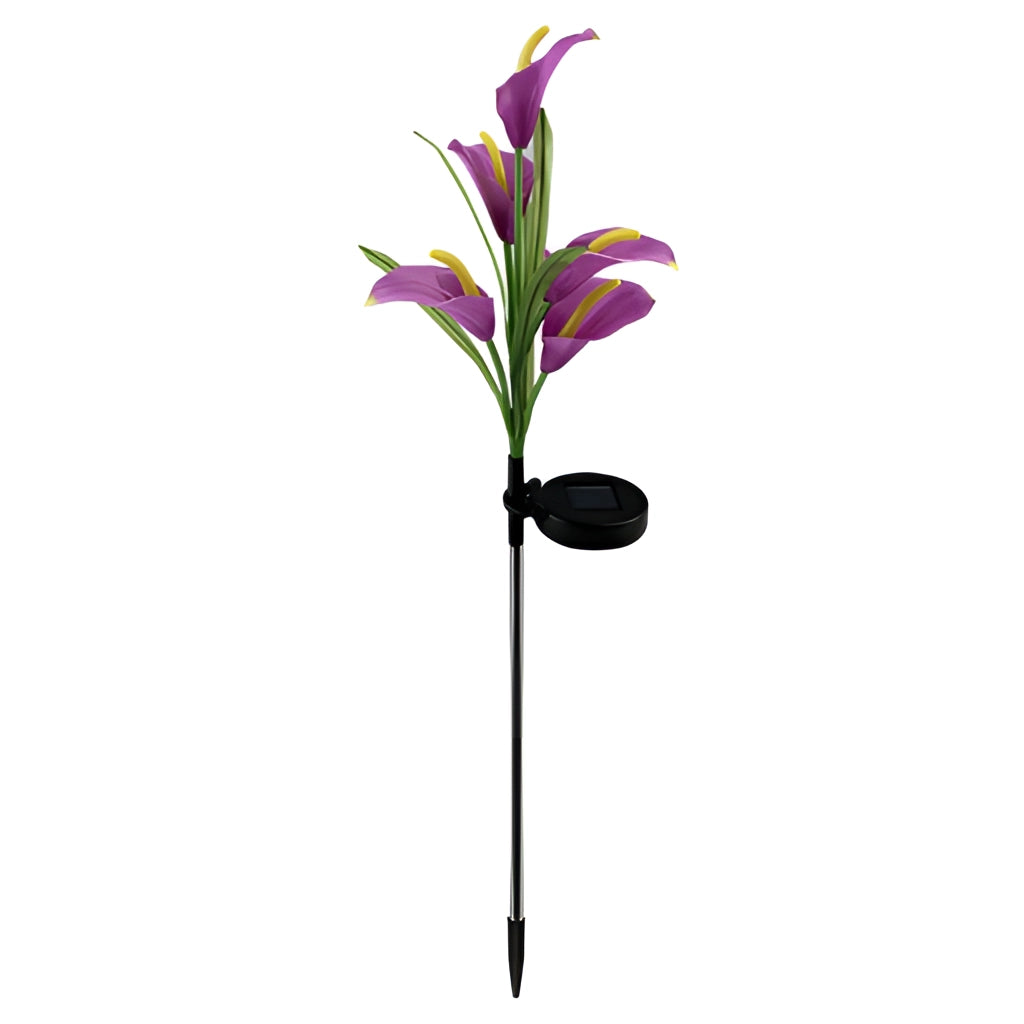 Set of 4 solar lily garden lights with multi-color LEDs, featuring vibrant artificial flowers and petals.