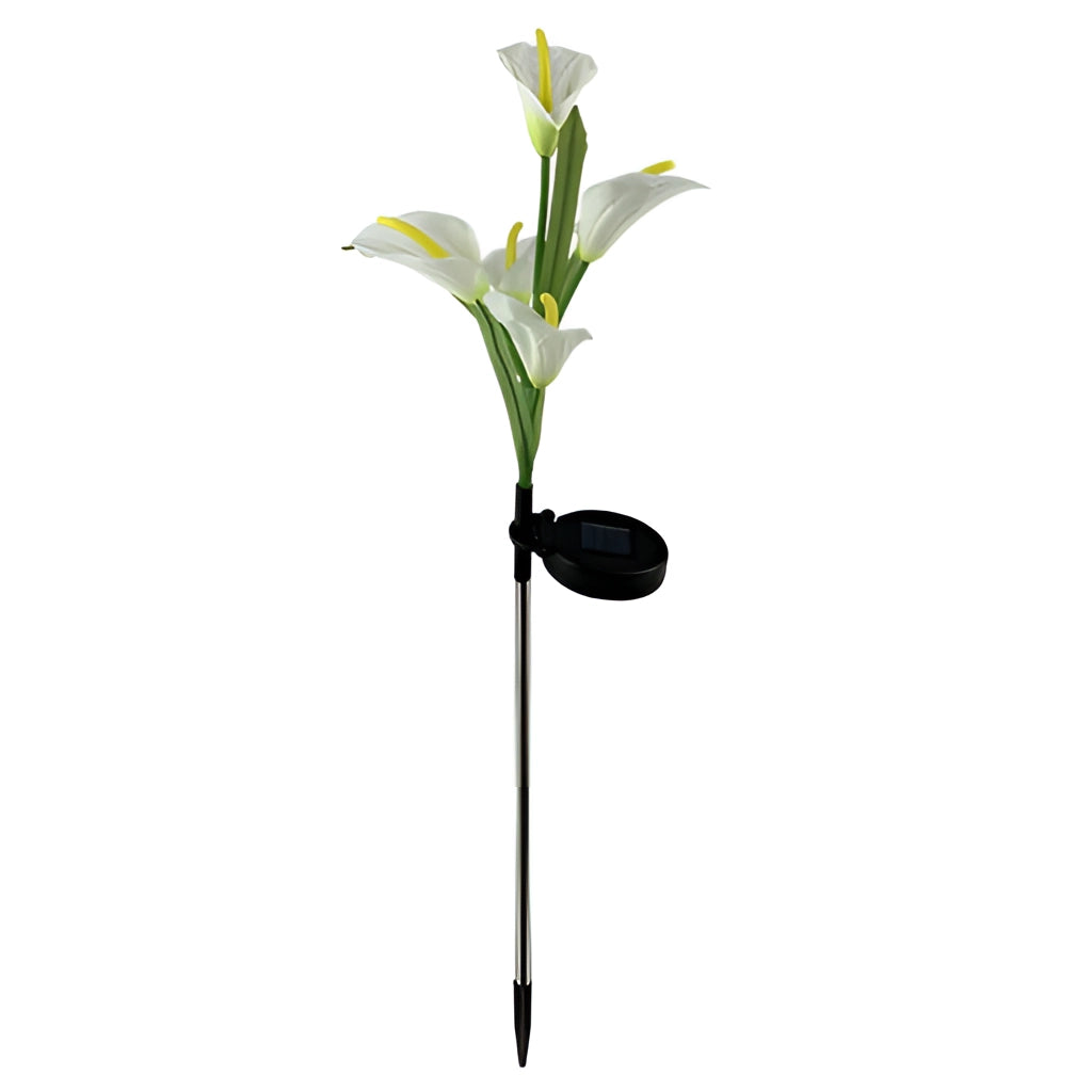 Set of 4 solar-powered lily garden lights with multi-color LEDs illuminating a garden area with flowers and plants.