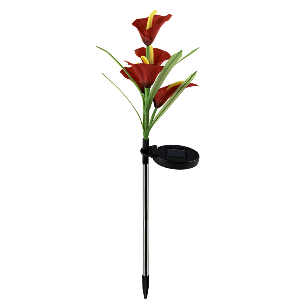 A set of four solar-powered lily garden lights with multi-color LEDs, featuring realistic flower designs with detailed petals and stems, illuminating a garden area.