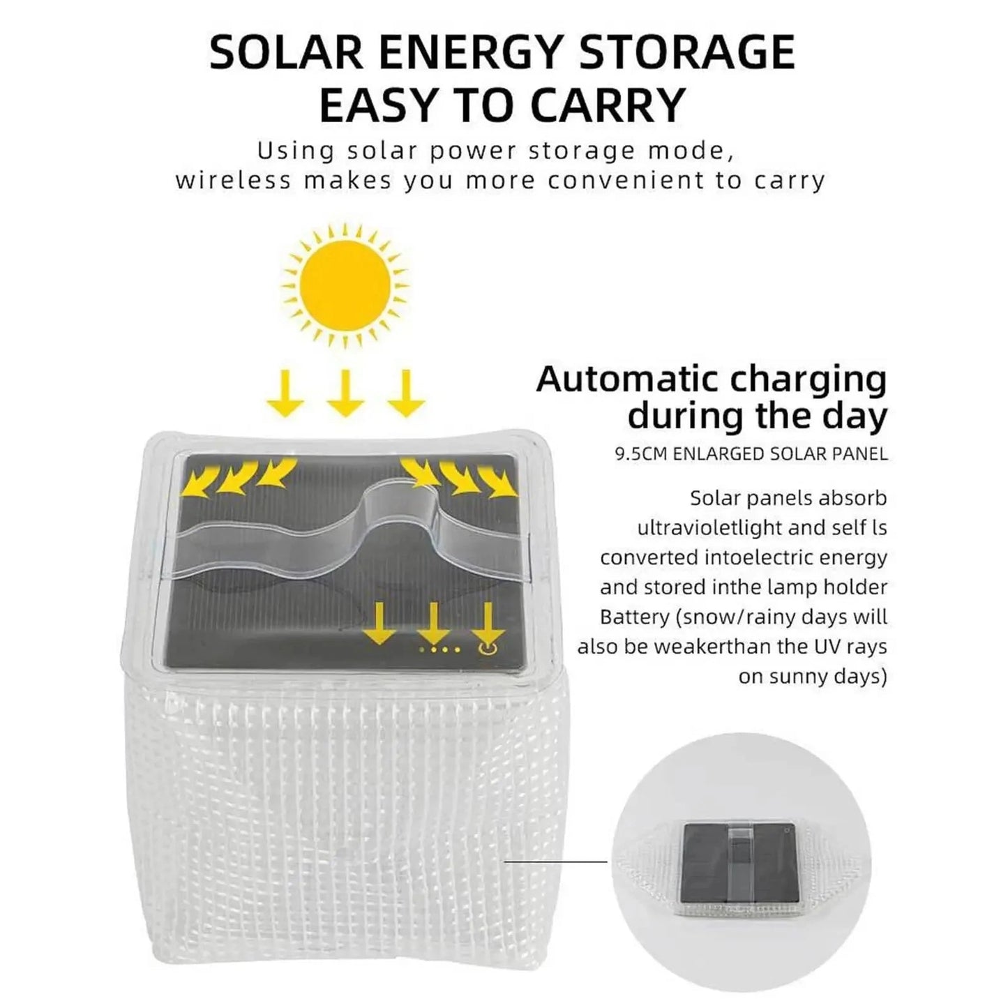 Portable lightweight solar outdoor light with IP65 waterproof rating, featuring RGB and white color options, placed on asphalt.