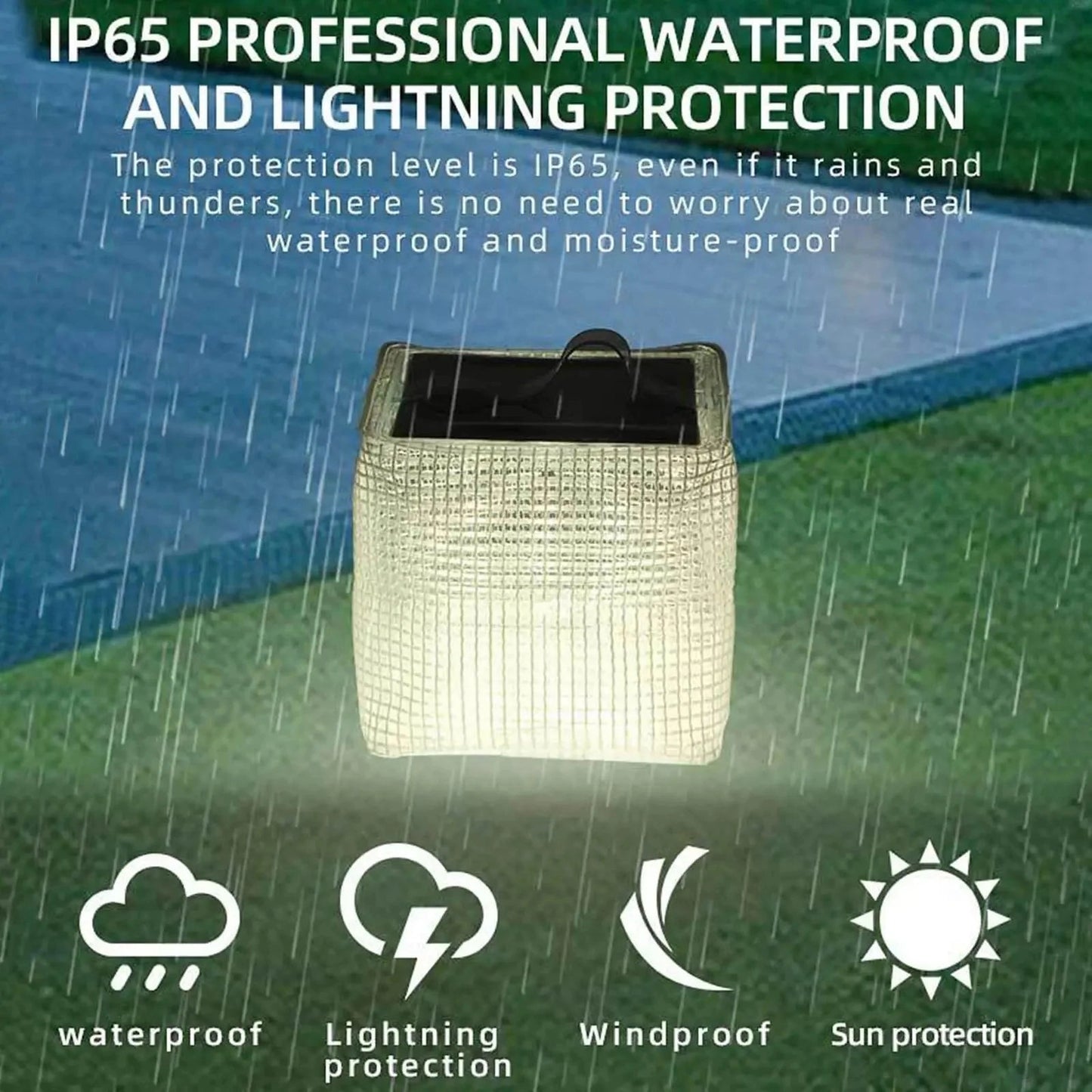 Portable Solar Outdoor Light with RGB/White Color, IP65 Waterproof, Long Battery Life, placed on grass, with a sleek rectangular design and visible logo.