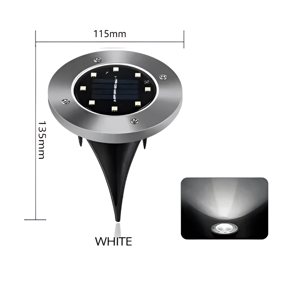 Solar Pathway Disk Lights with Auto-On Dusk to Dawn feature, IP65 Waterproof LED, and Long Battery Life.