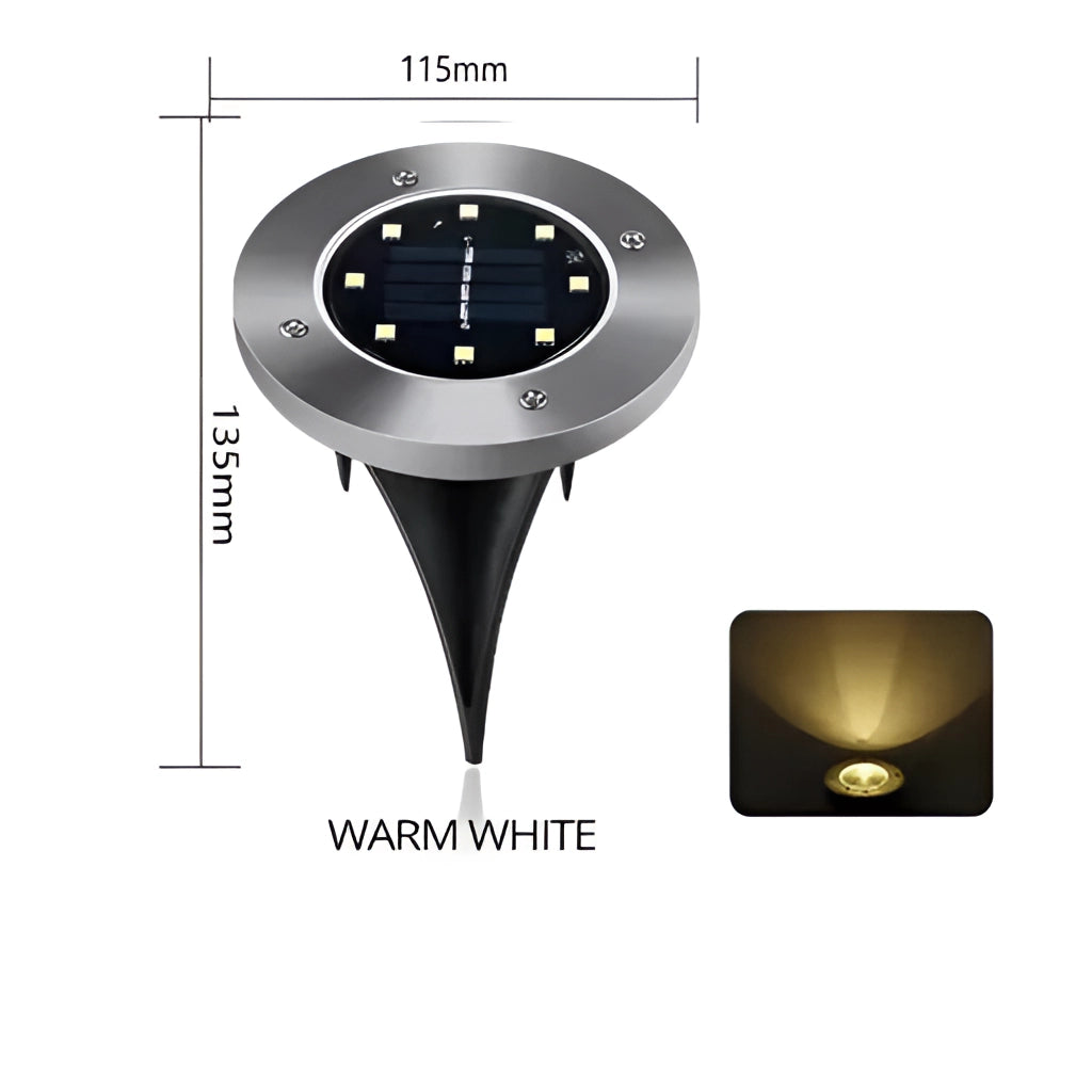 Solar pathway disk lights with auto-on dusk to dawn feature, IP65 waterproof LED, and long battery life, displayed on a garden path.