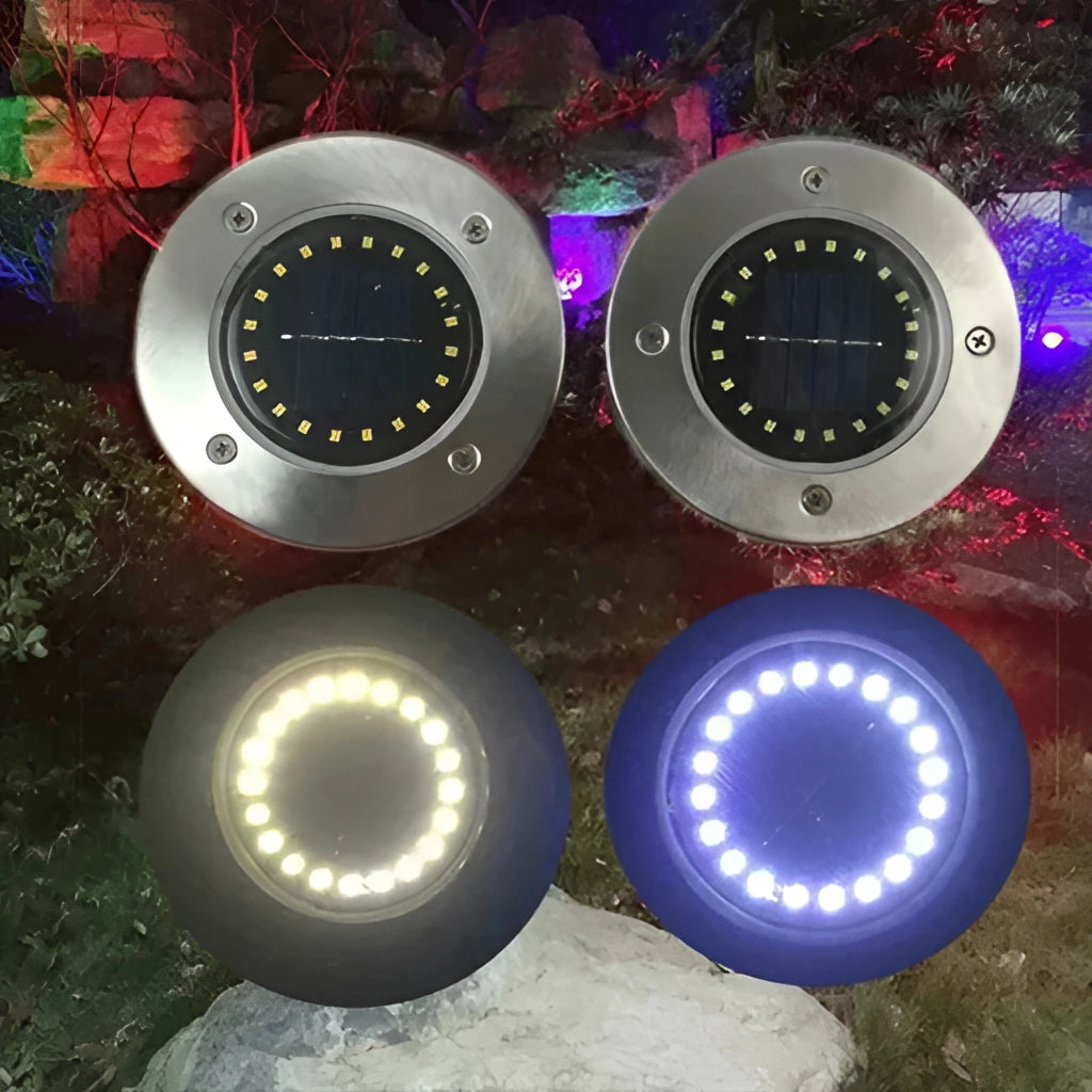 Solar pathway disk lights with LED illumination, IP65 waterproof rating, featuring auto-on dusk to dawn functionality and long battery life, displayed on a garden pathway at night.