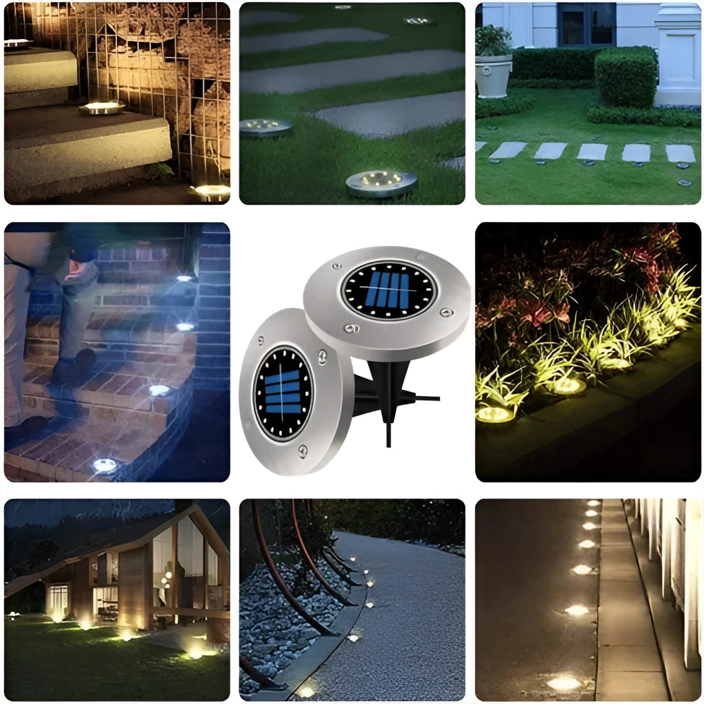 Solar pathway disk lights illuminating a garden path at dusk, surrounded by green plants and nature, showcasing their waterproof design and long battery life.