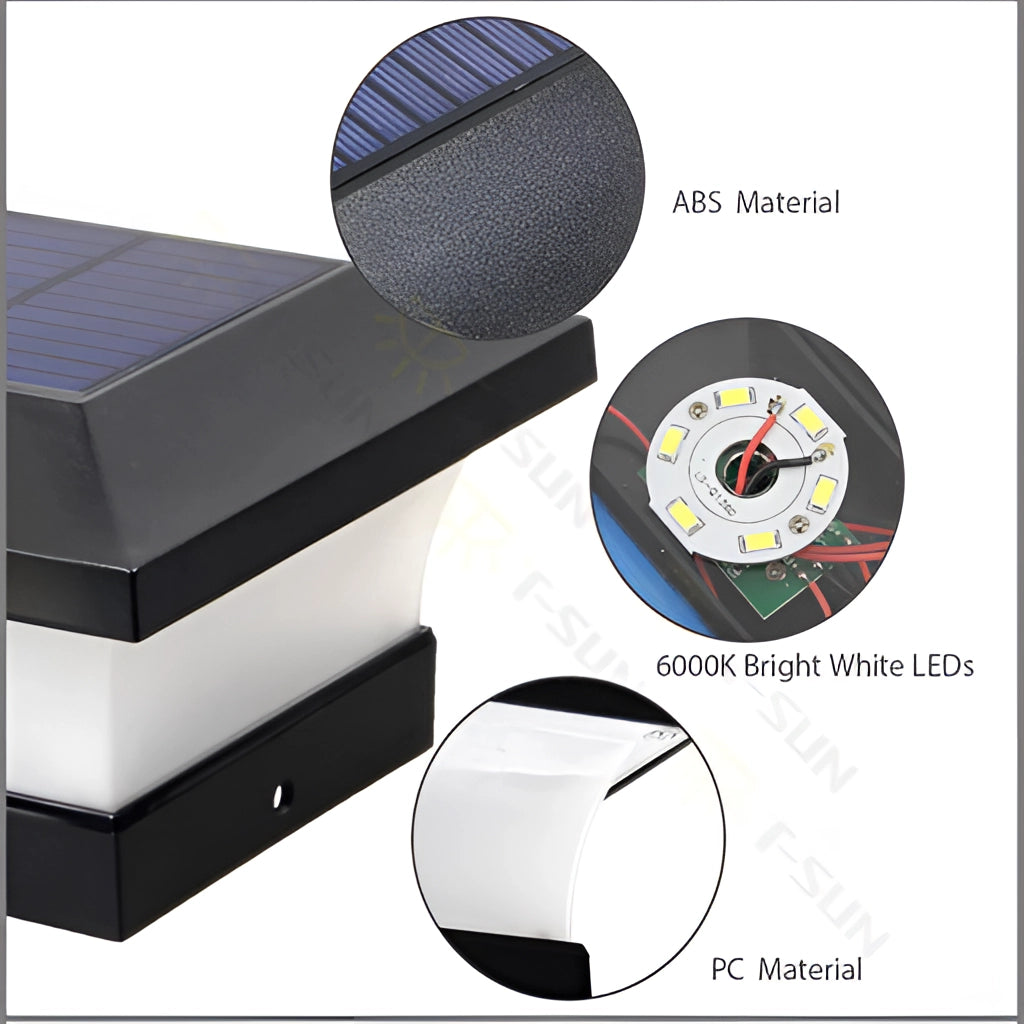 Solar post cap lights for outdoor use, featuring LED illumination, solar power, and IP65 waterproof rating, emitting warm white or white light.