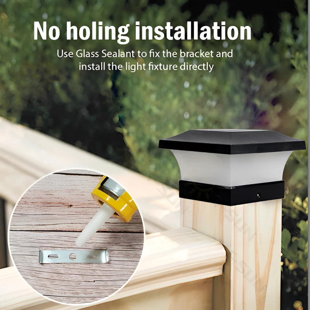 Solar post cap lights on a wooden outdoor table, showcasing LED lights for fence illumination, IP65 waterproof, warm white/white light.