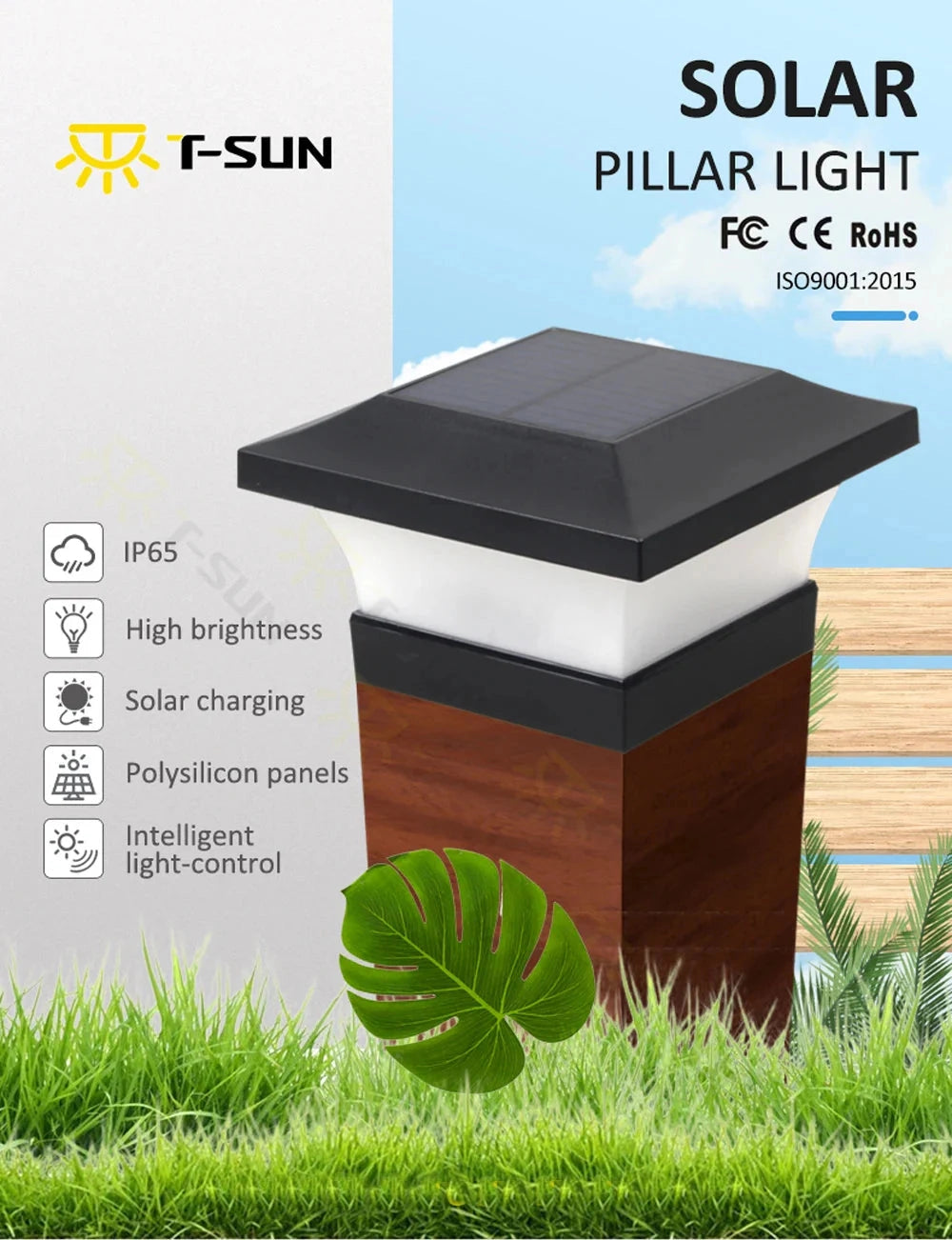 Outdoor solar post cap light illuminating a wooden fence with greenery and grass in the background