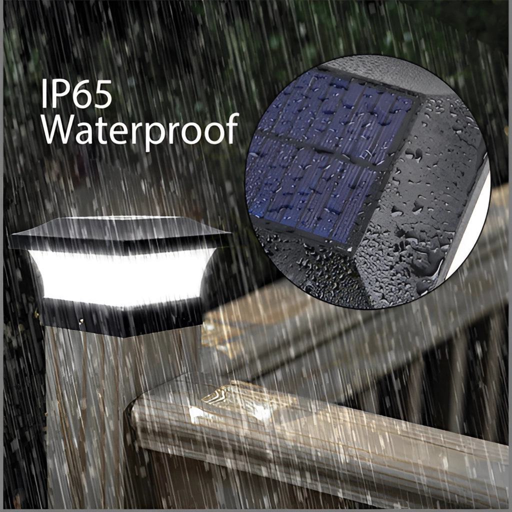 Solar post cap light installed on a fence post, showcasing its LED illumination with warm white light. The light features a waterproof design with an IP65 rating.